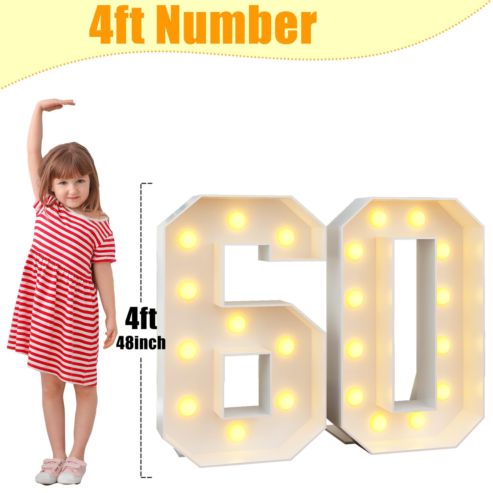 4Ft Light Up Numbers 60 Large Numbers With Lights Bulbs White Marquee Frame For Men Women 60Th Birthday Party Decorations Pre-Cut Mosaic Cardboard Giant Cut-Out Thick Foam Board Sign Anniversary