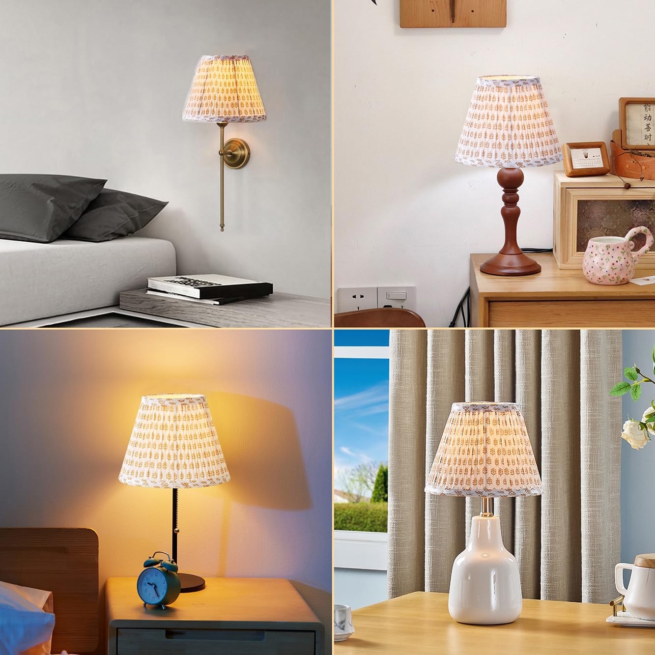 JIAOGEPENGYOU Brown Floral Drum Lamp Shade - 5" Top, 9" Bottom, 7" Slant Height, Uno Fitter, Fabric, Model: Pleated-uno