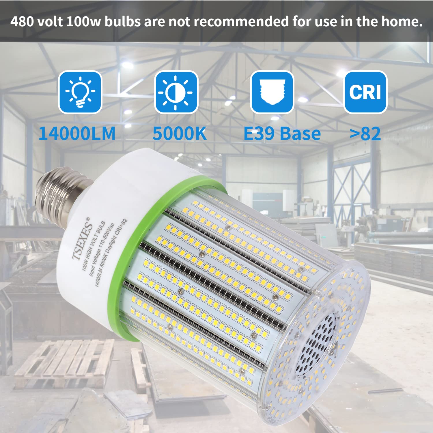 Tsexes 480V Led Bulbs 100W Corn Cob Light Bulb, E39 Mogul Base,14000Lm 5000K Daylight Lamp,Replacement For 350-400W Hid (Mh, Hps