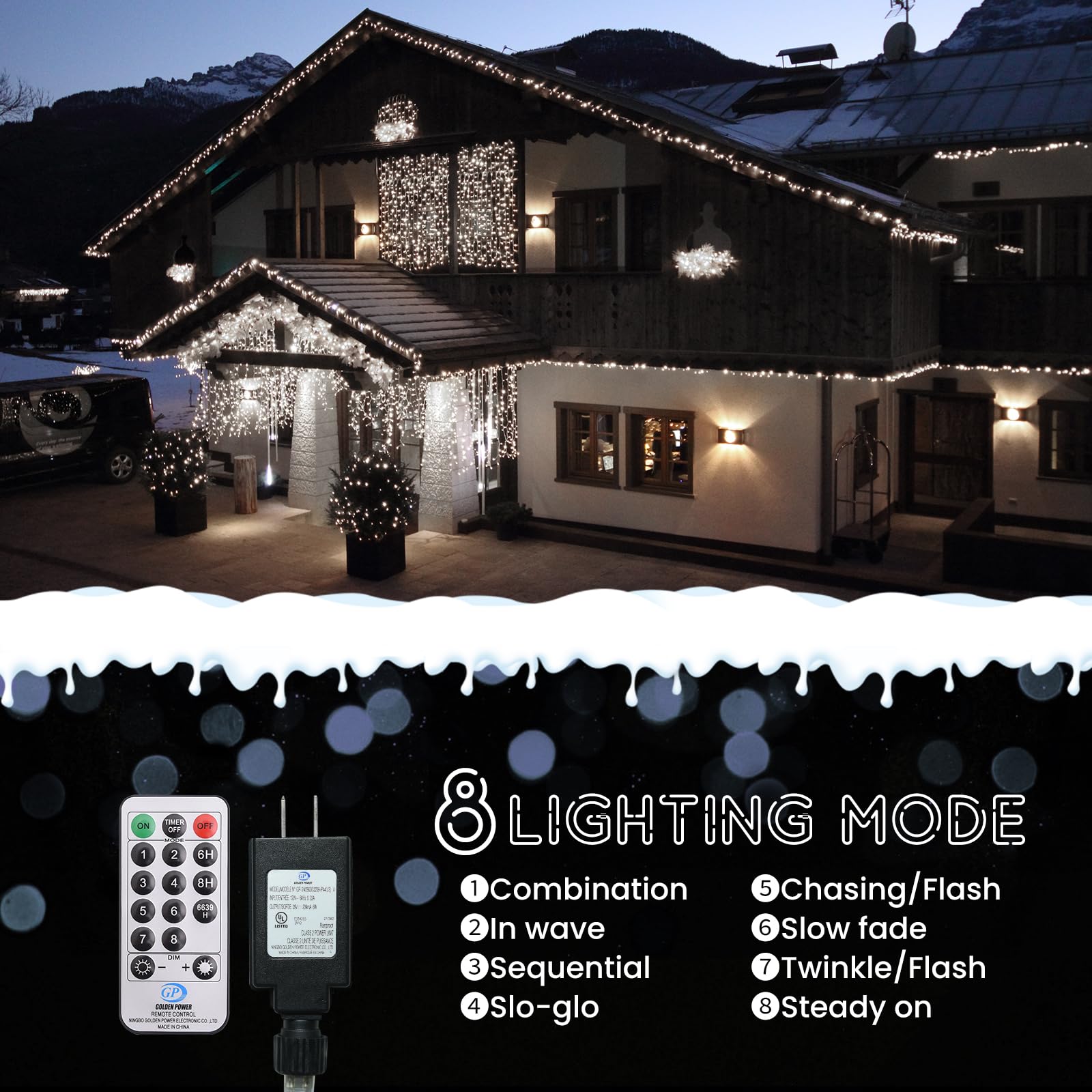Lycklig Cool White LED Christmas Lights, 400 LED, 49FT, Plug-in String Lights with Remote, 8 Modes, Model BPD-400LED-CW