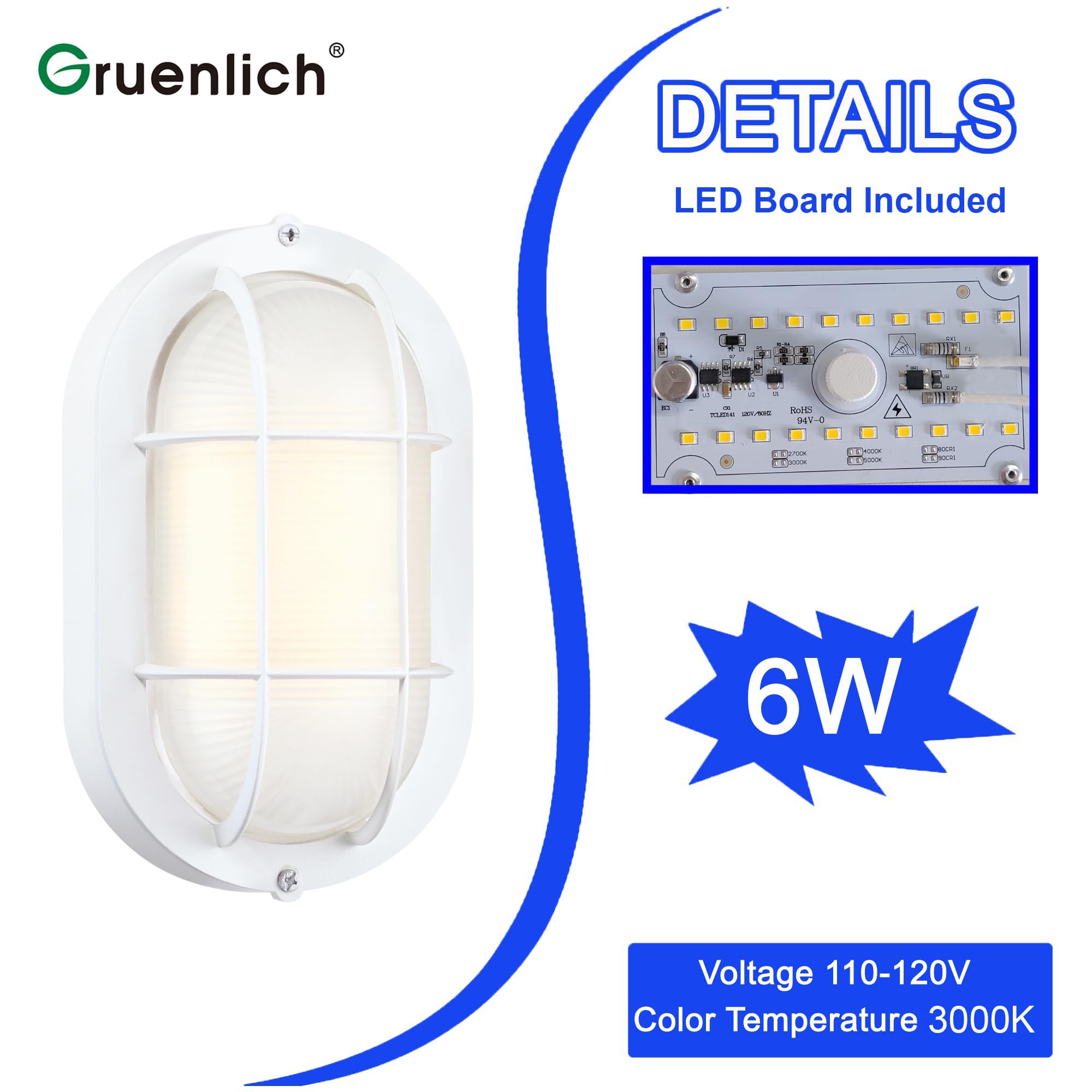 GRUENLICH Dimmable LED Bulkhead Light, 6W 520 Lumen, 3000K White, Oval 8.5 inch, Aluminum, Wall/Ceiling Mount