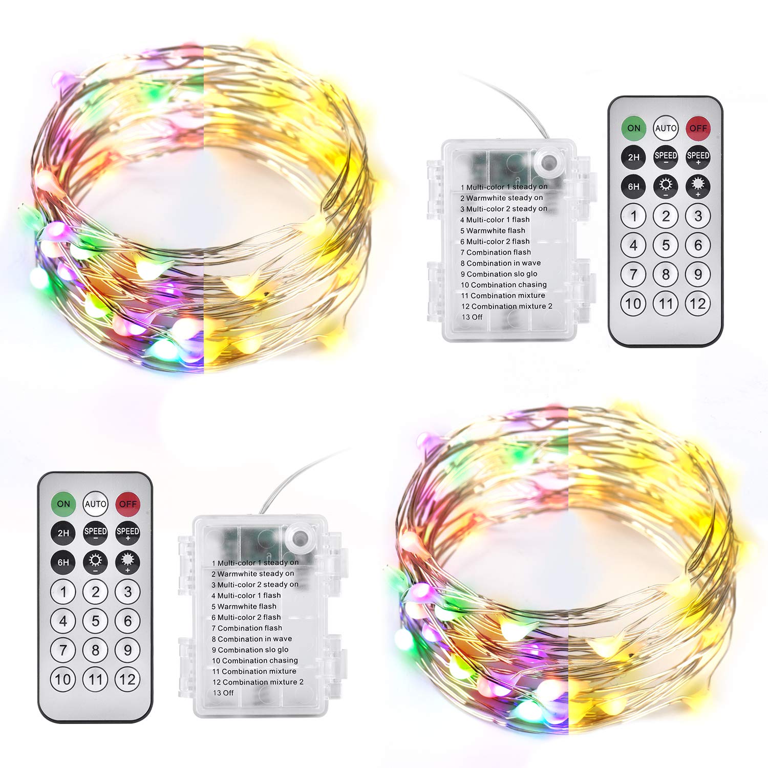 Ariceleo Battery Operated String Lights, 50 LEDs, 5M/16.4ft, Warm White & Multi-Color, Remote Control, Waterproof Plastic Shell, 2 Packs