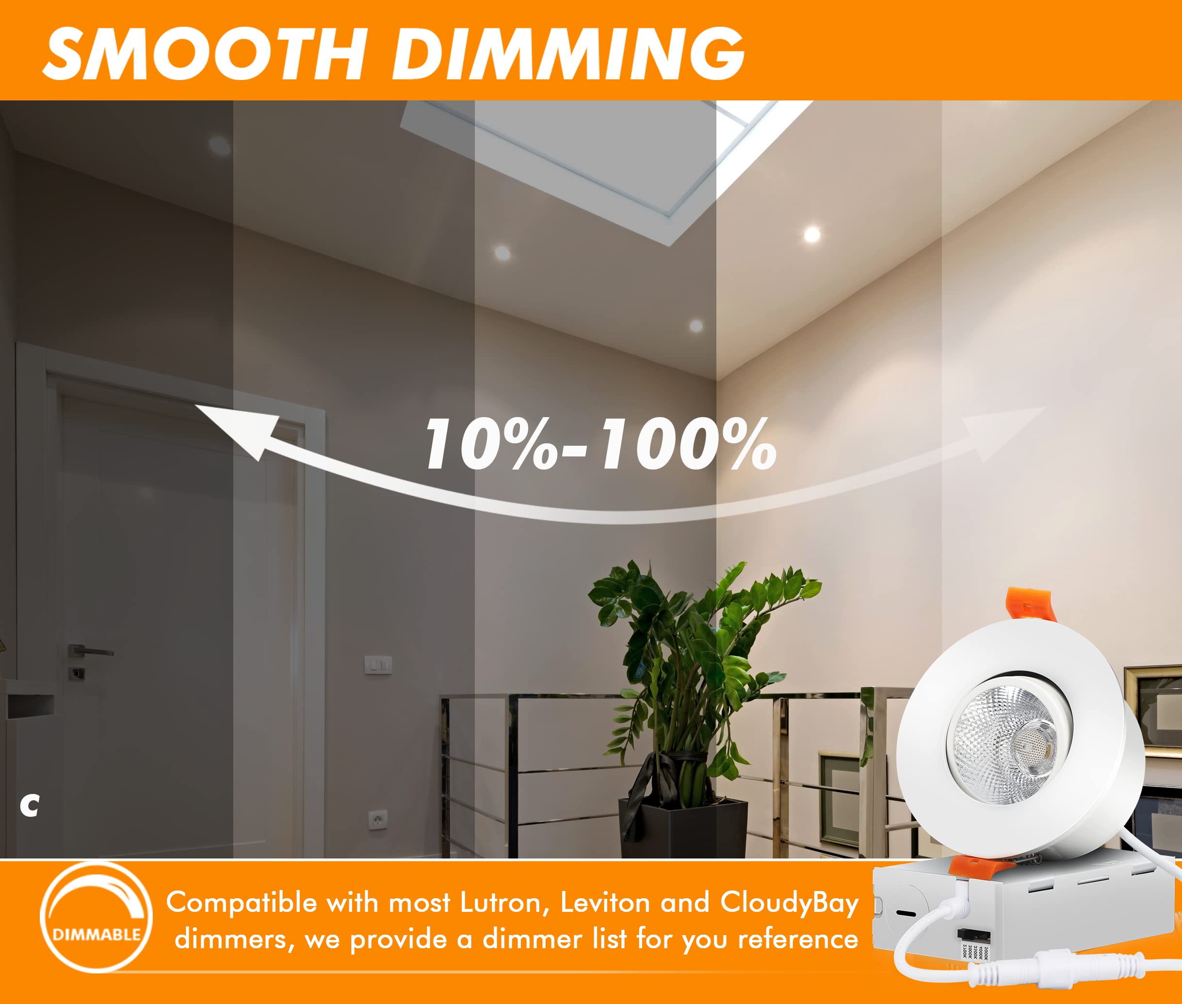 CLOUDY BAY 3 Inch Dimmable 5CCT LED Eyeball Recessed Light, Aluminum, Model LJD003NFWH5C-6PK, Pack of 6