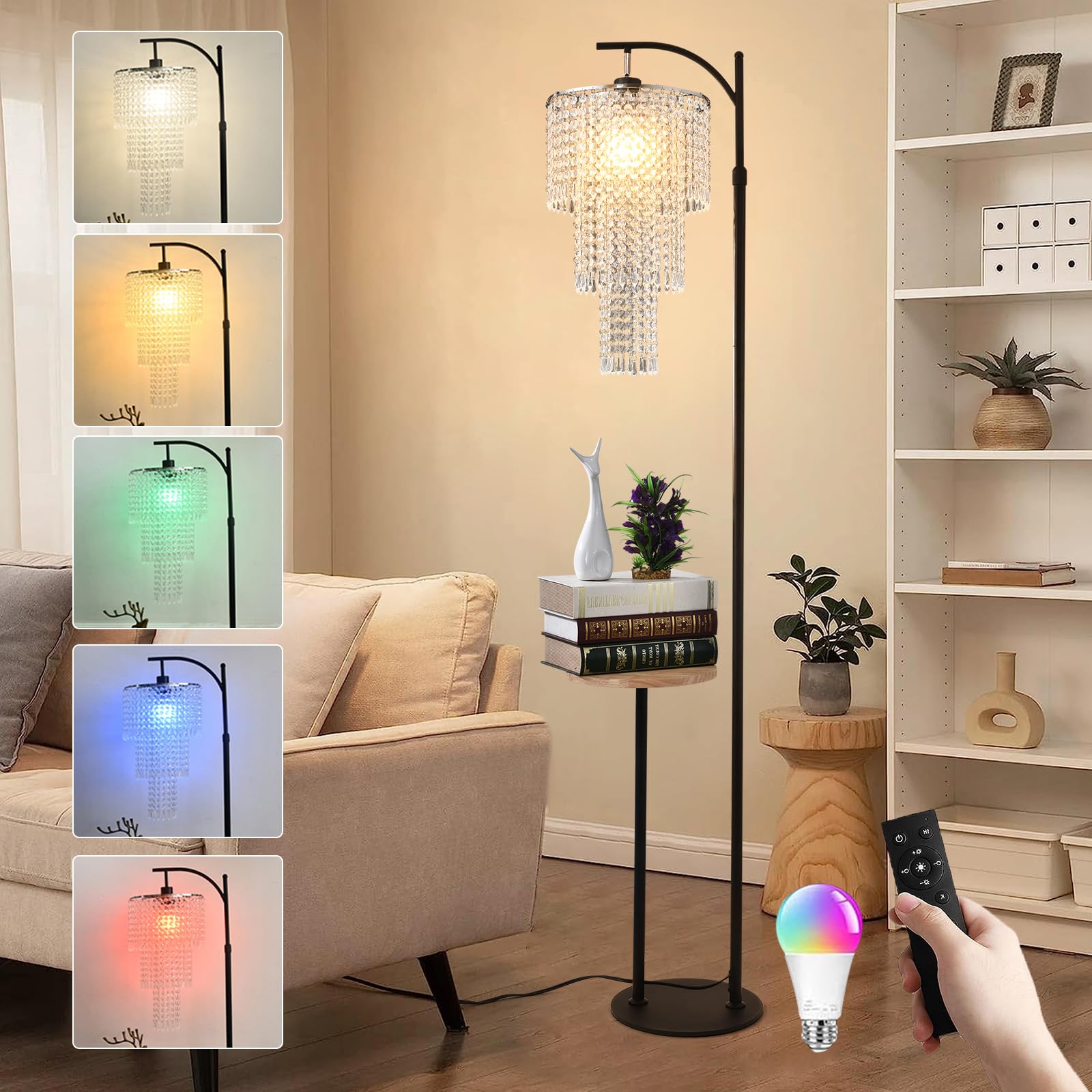 Arc Floor Lamp with Table and Shelves,Crystal Floor Lamps for Living Room,Dimmable Elegant Modern LED Floor Standing Lamp with R