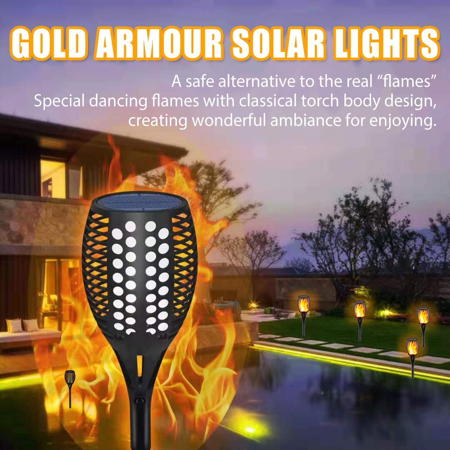Gold Armour Solar Flickering Flames Torch Lights - 42.9in, Waterproof, 96 LED, Brown, 4 Pack