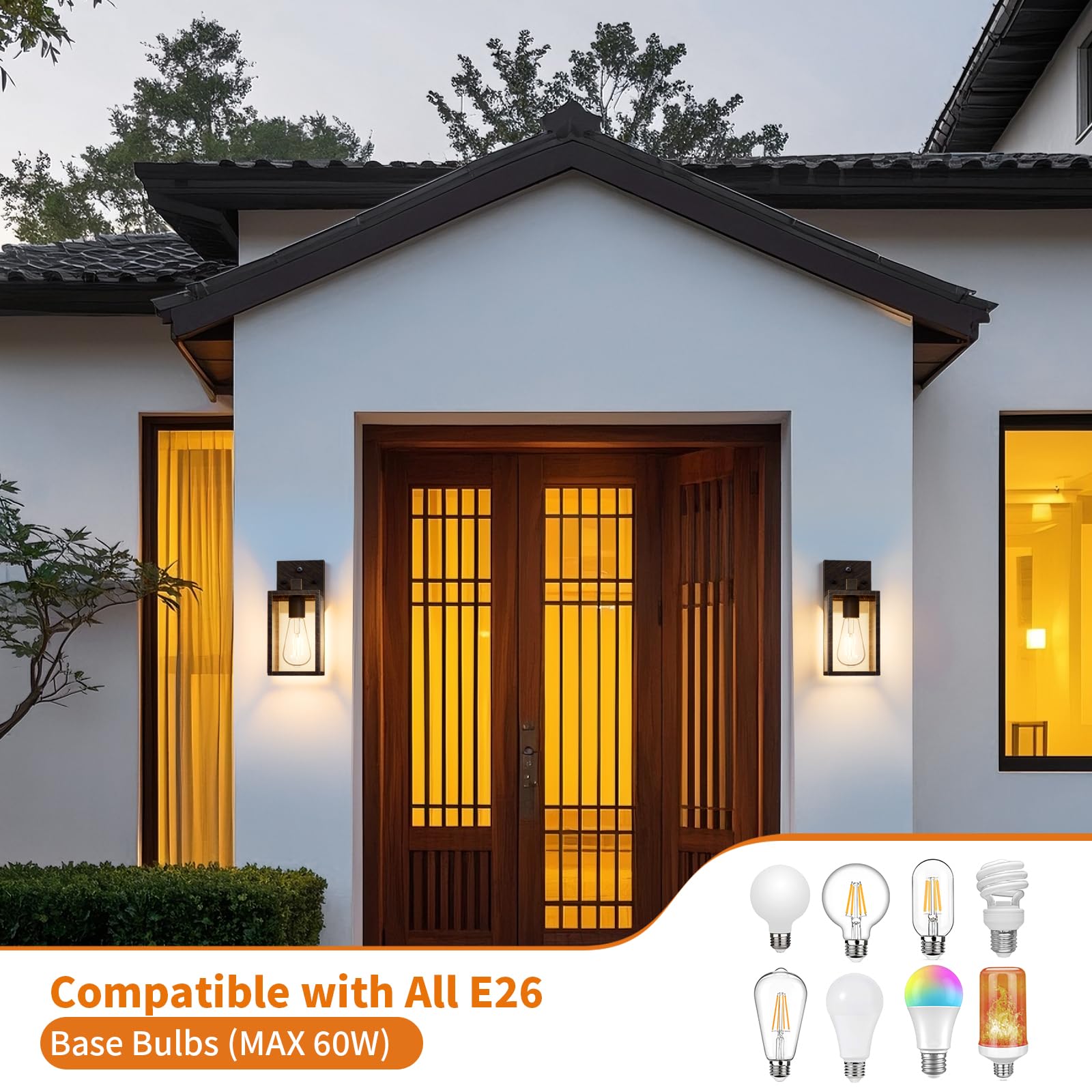 2 Pack Black Brush Gold Dusk To Dawn Exterior Lighting Fixtures Wall Mount  Sensor Outside Front Porch Lights For House  Outdoor Lantern Lamp  Wall Sconce Lights  Coach Light For Garage Entryway