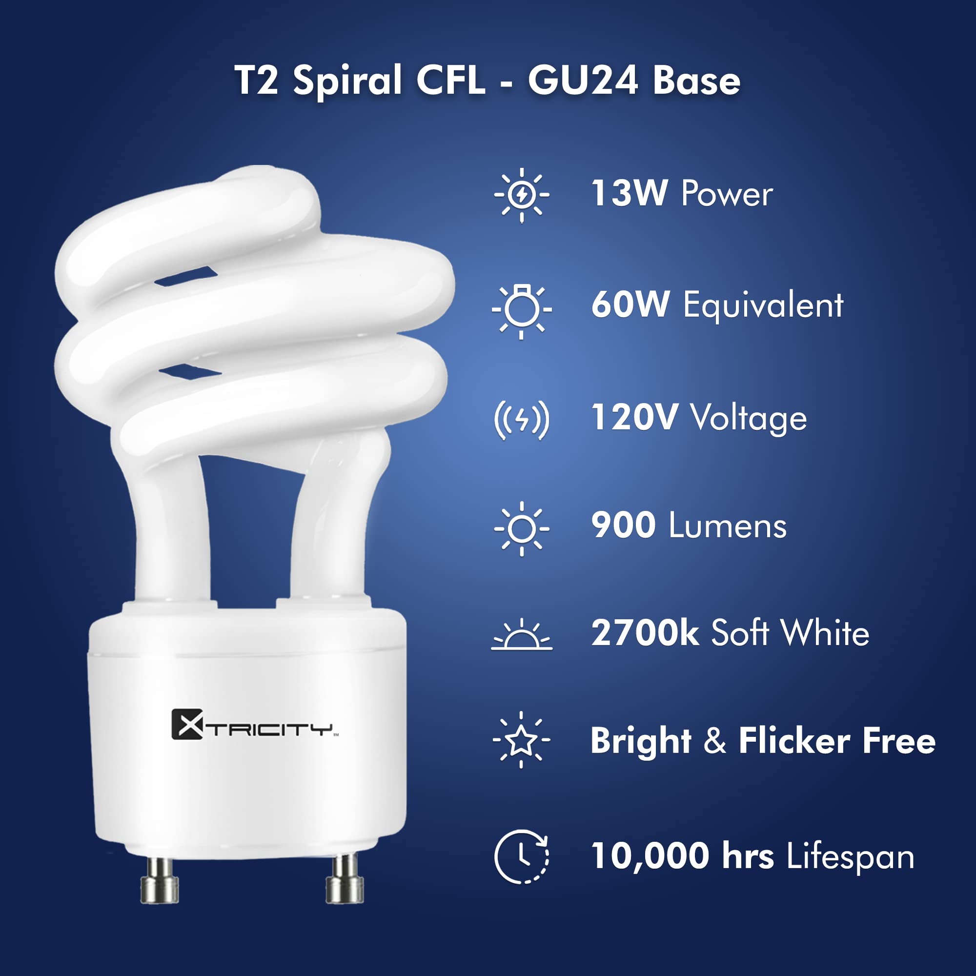 Xtricity Compact Fluorescent GU24 2 Prong Light Bulb Base, T2 Mini Spiral, 13W (60 Watt Equivalent), 2700k Soft White, 900 Lumen