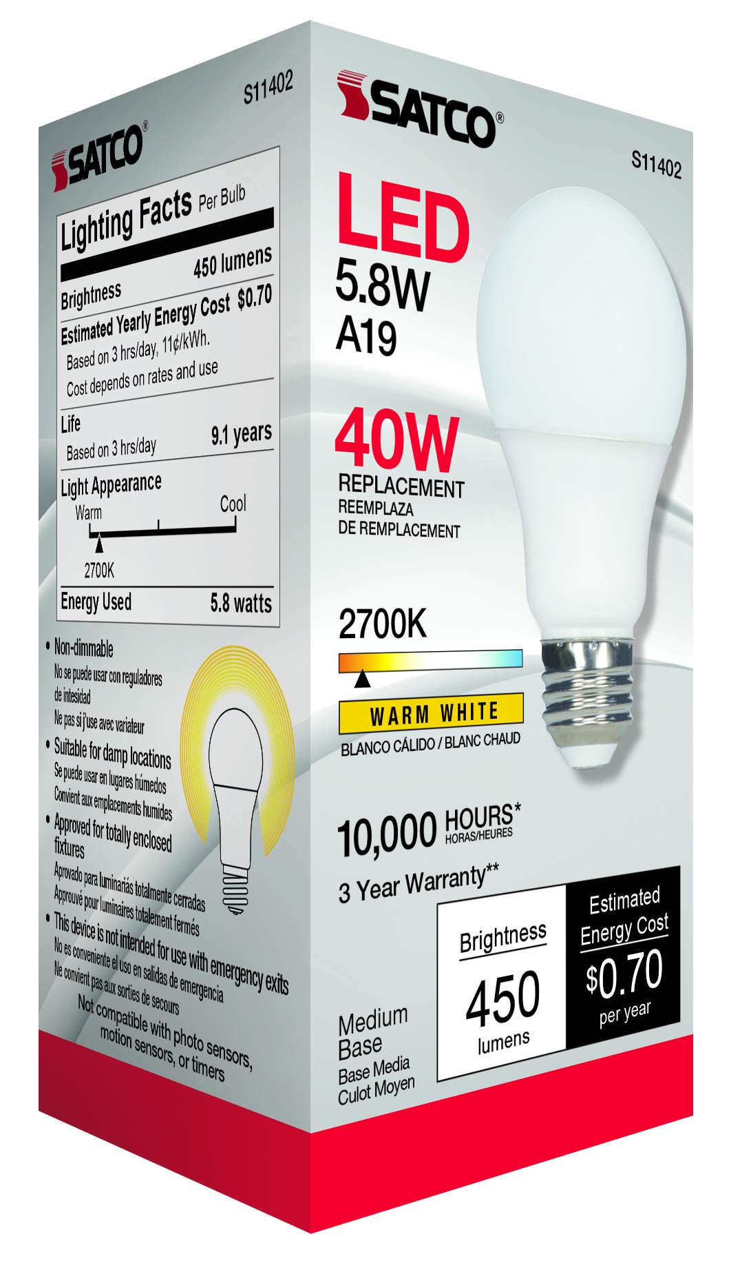 Satco 11402 5.8W LED A19 Light Bulb, 40W Replacement, 2700K Warm White, 450 Lumens