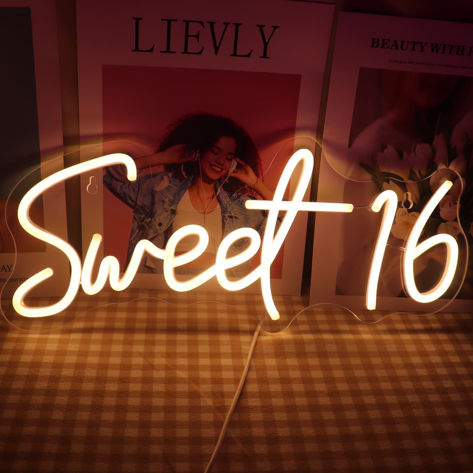 QiaoFei LED Neon Sign for Sweet 16 Birthday, USB Powered with Dimmer, Warm White, Model QFLGT230317013, Room Decor for Girls