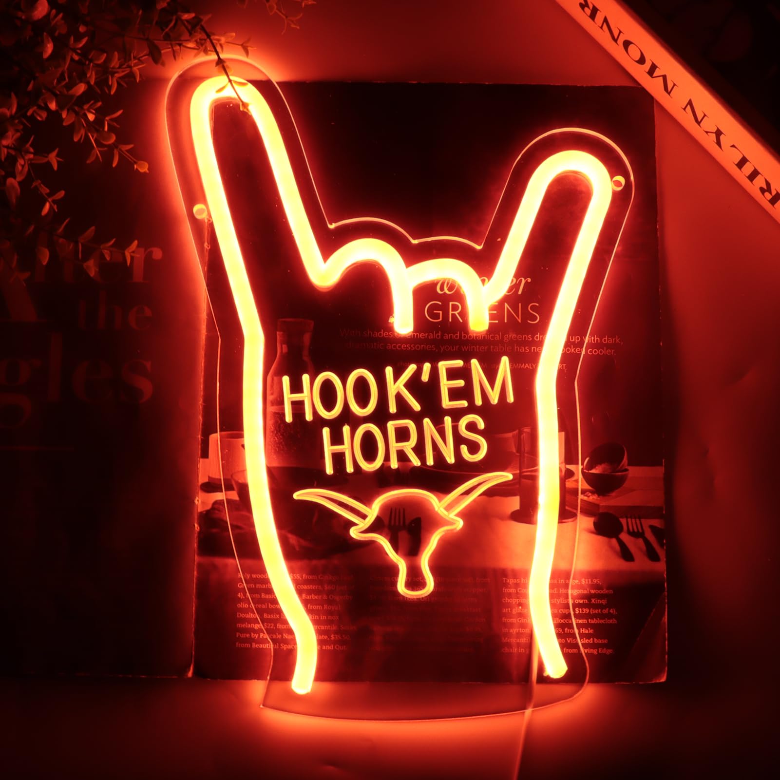 Pinlangdou Hook Em Horns Neon Sign TEXAS Neon Light for Wall Decor, Dimmable Hand Gesture Neon Rock Neon Light for Man Cave Room