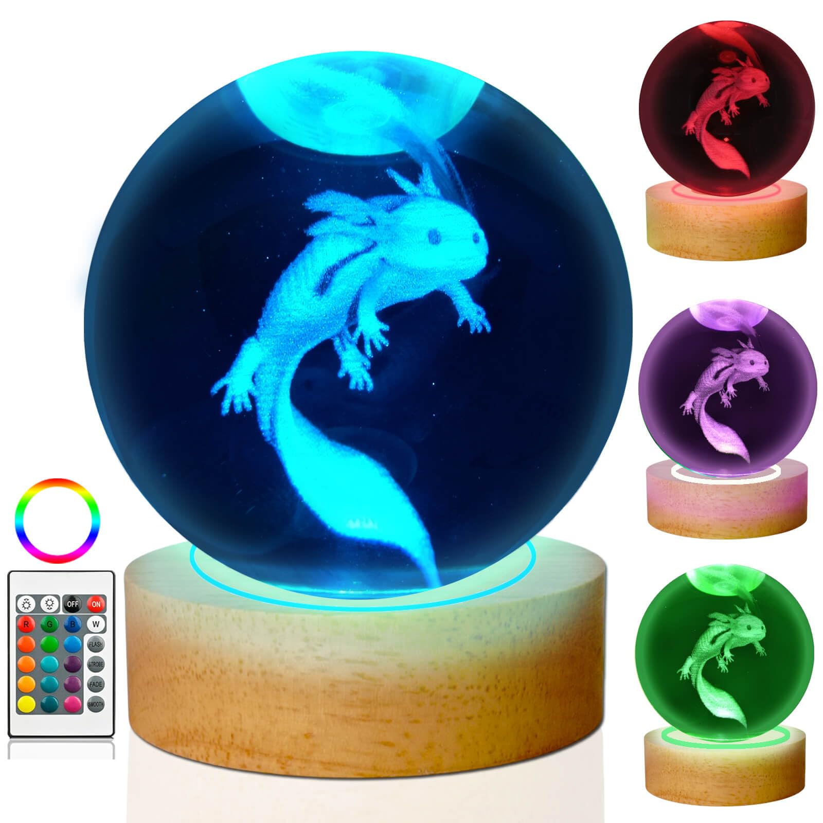 LINSINA Axolotl Crystal Ball Night Light Lamp, 3D K9 Glass, 16 Colors, 3.15in, Wooden Base, Remote Control, Model lamp-01