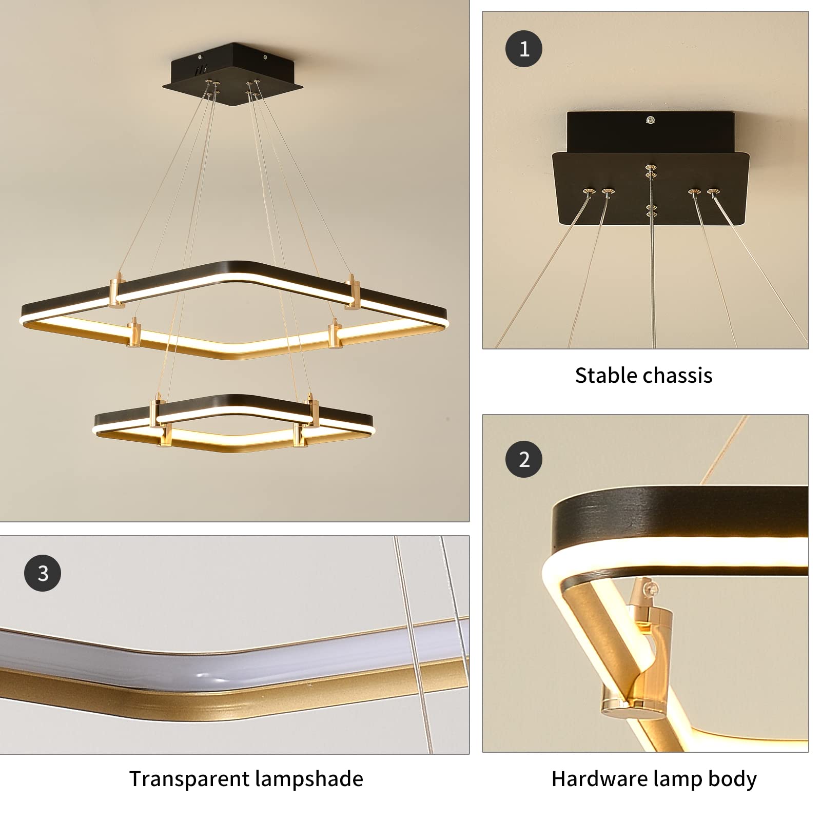 Siittoo Modern Black Chandelier 96W Dimmable LED Pendant Light Fixture, 24''+16'', Aluminum for Dining Room, Kitchen Island, Model FM7386