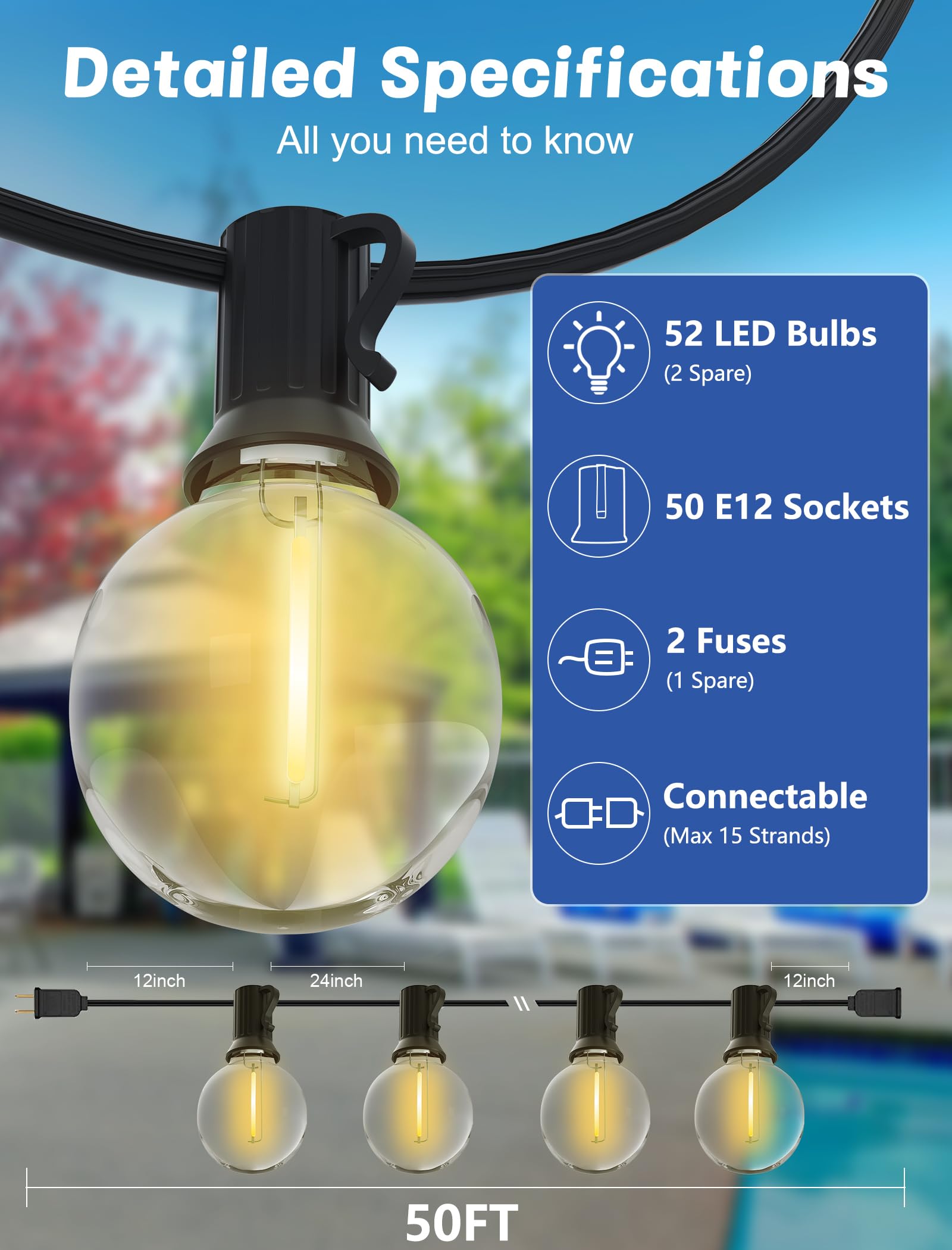 Sunsgne Outdoor String Lights, 50Ft Outdoor Globe Light With 52 G40 Shatterproof Led Bulbs(2 Spare), String Lights For Outside P