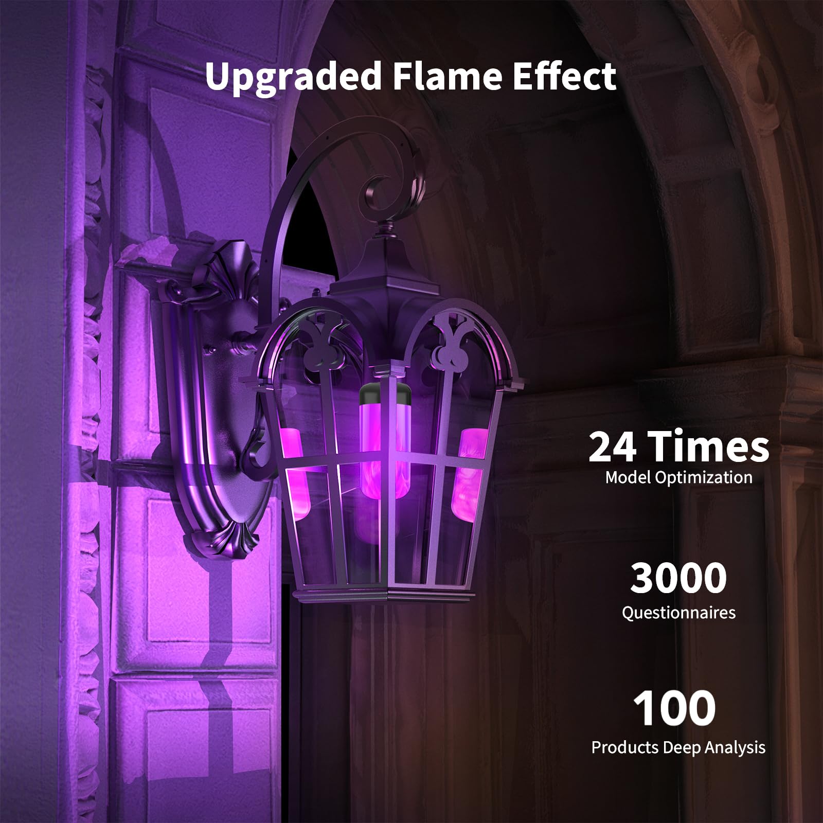 Morsatie LED Flame Light Bulbs, 4-Mode Flickering Effect, E26, 4 Pack, Purple, Model MSFLSB4-PURPLE-B4