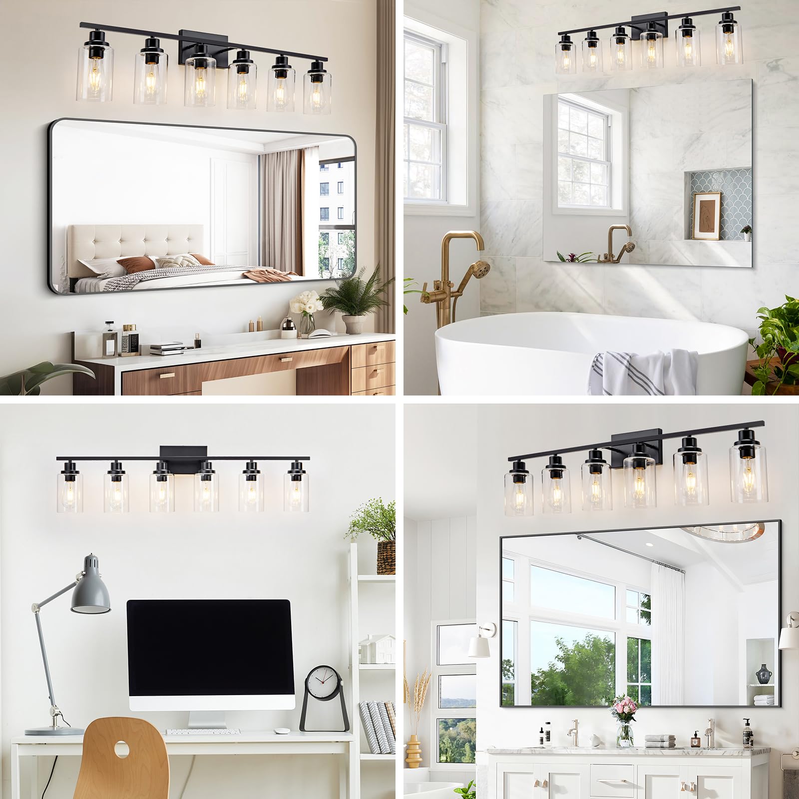 HCCZ 6 Light Bathroom Light Fixture - Black Vanity Sconce with Glass Shade, Modern Farmhouse Design, E26 Socket, Model 800-100-1086