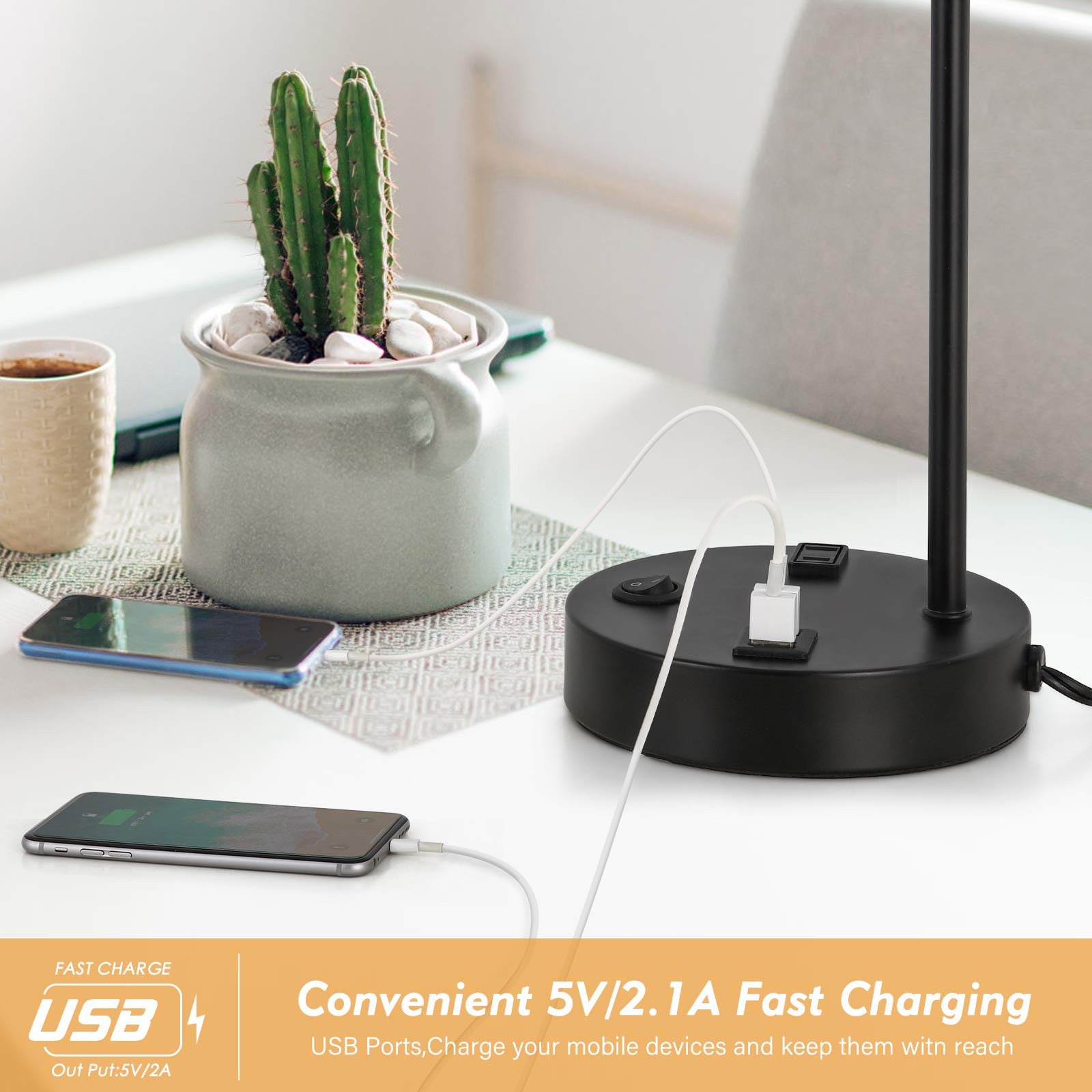 Haitral Usb Modern Table Lamp With Outlet, Industrial Farmhouse Bedside Desk Lamp For Bedroom, Office, Living Room, Black (Witho