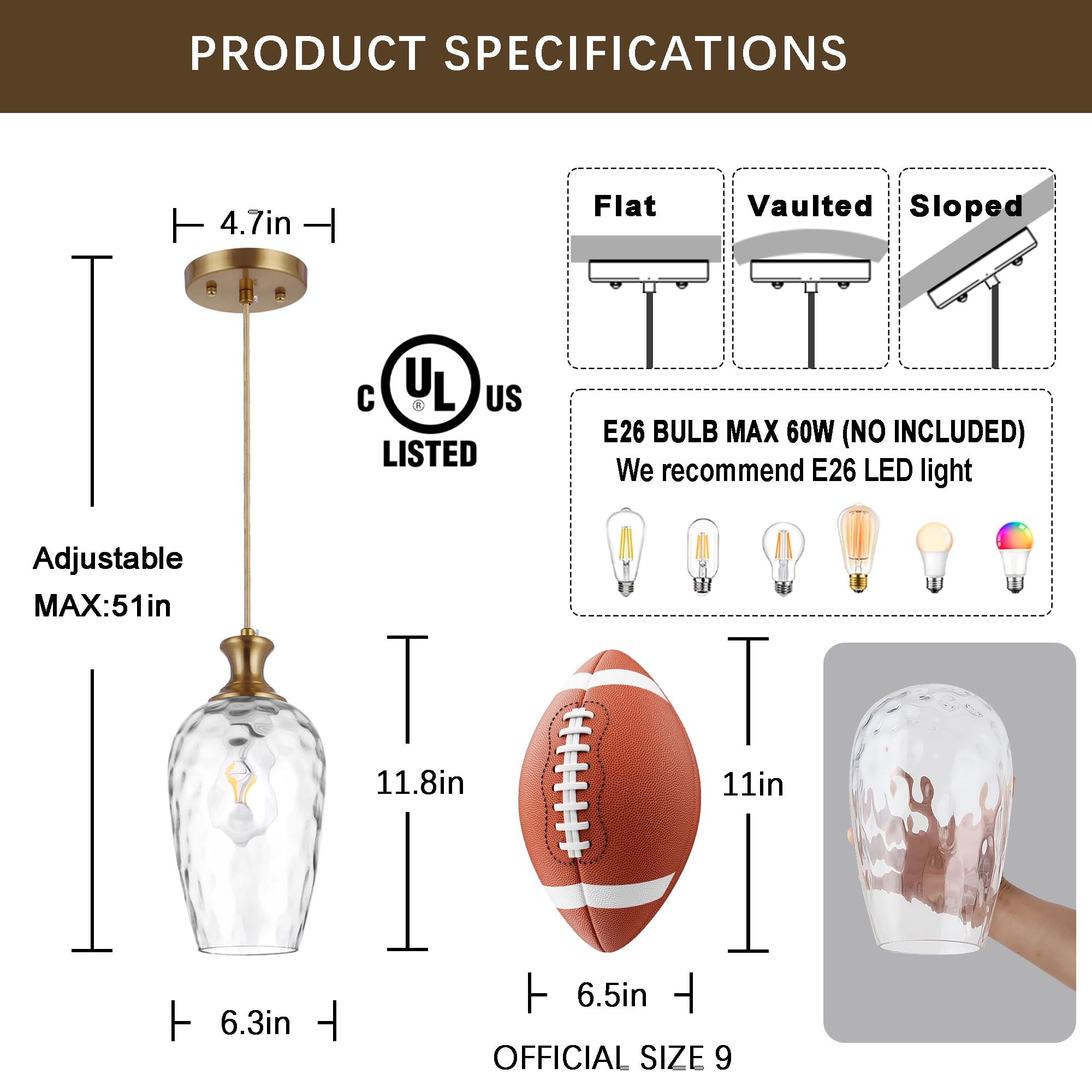 Saduenfr 2 Pack Glass Pendant Lights Kitchen Island Gold Vintage Pendant Light Hand-Blown Hammered Clear Glass Hanging Light Fix