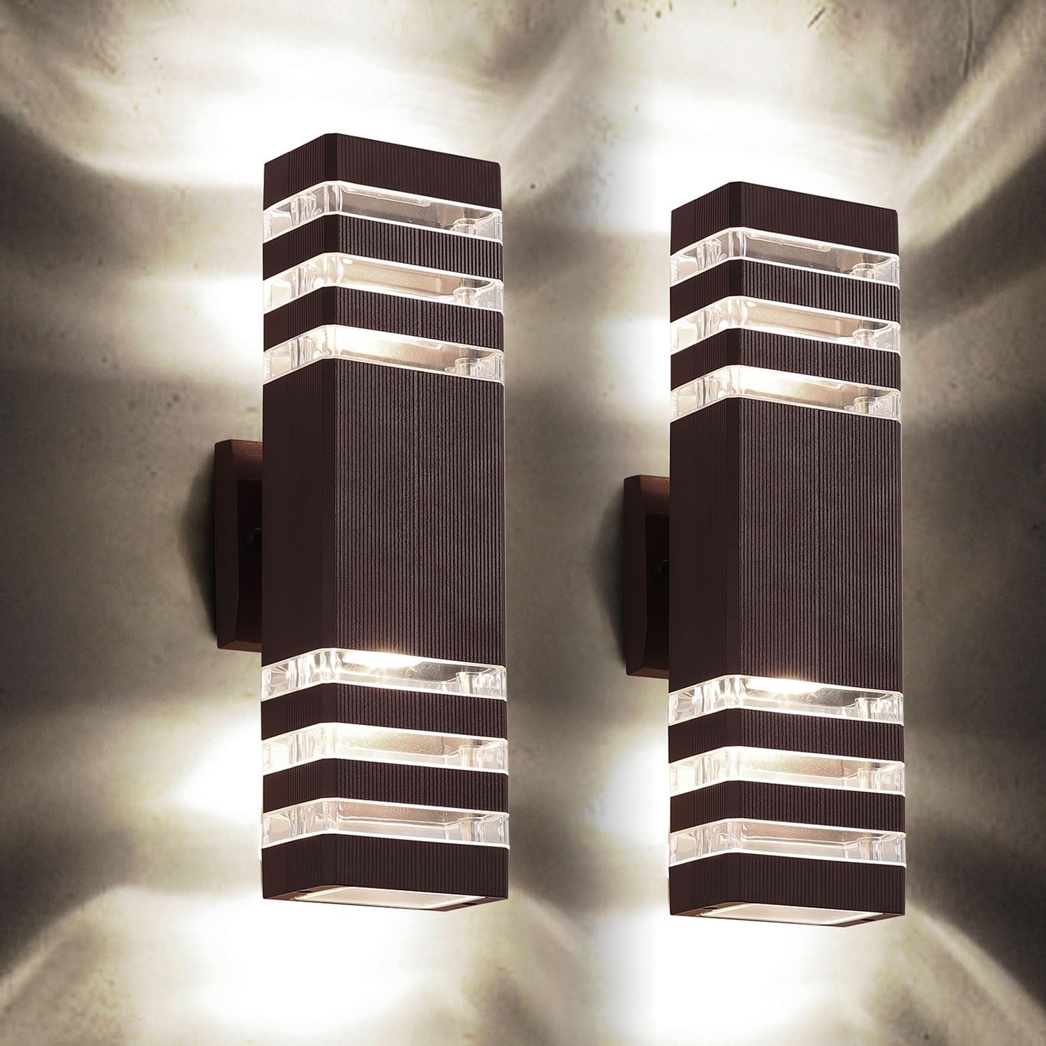 Tewei Outdoor Wall Lights 2 Pack - Modern Waterproof Aluminum Up & Down Porch Sconces, Brown