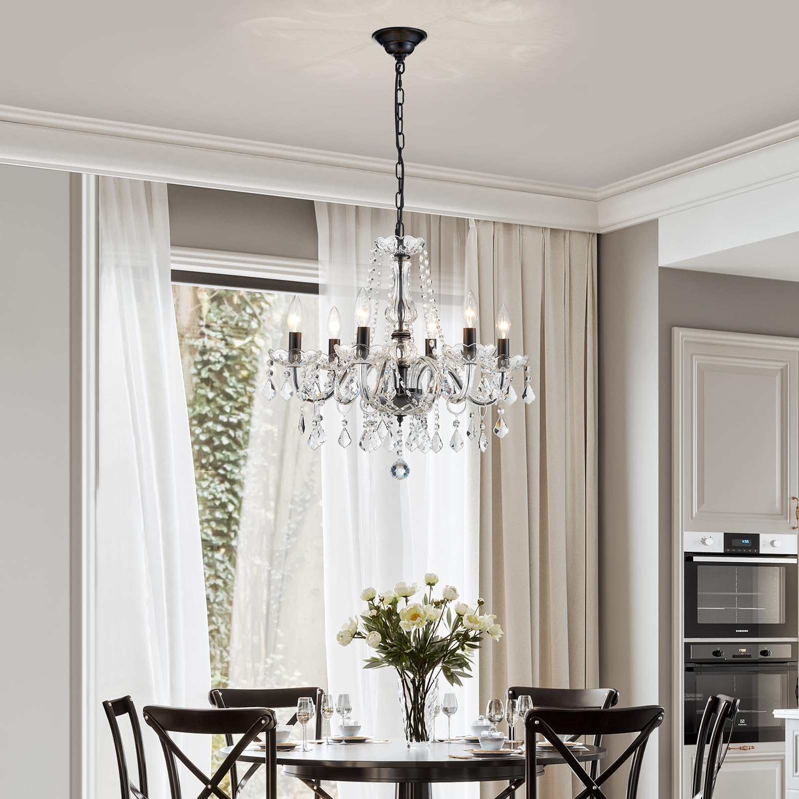Crystal Chandelier Light Fixture, Modern K9 Crystal Chandeliers For Dining Room, 6-Lights Black Ceiling Light, Adjustable Hangin