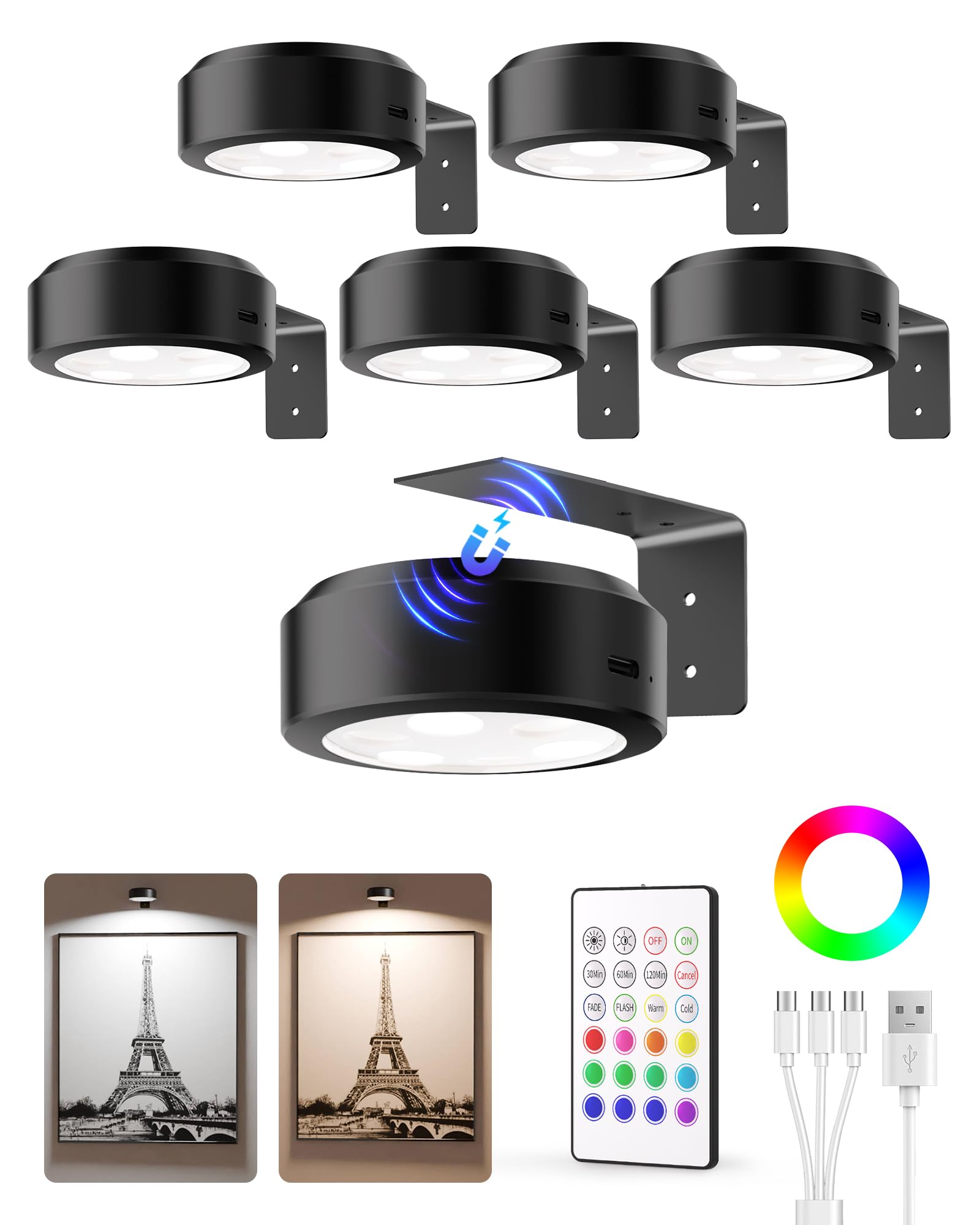 EZVALO Picture Lights, 2000mAh Rechargeable, Magnetic, 3 Color Temps, Remote Dimmable, 6 Pack, Black, Model LT-01