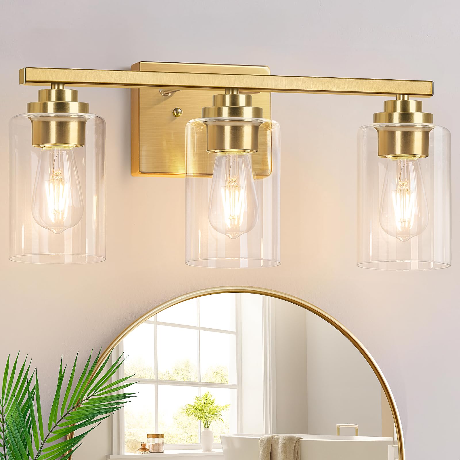 3-Light Bathroom Light Fixtures  19 Modern Vanity Lights Over Mirror with Clear Glass Shades  Gold Light Fixture  Classic Wall Light Fixture for Mirror Living Room Cabinet Bedroom Porch