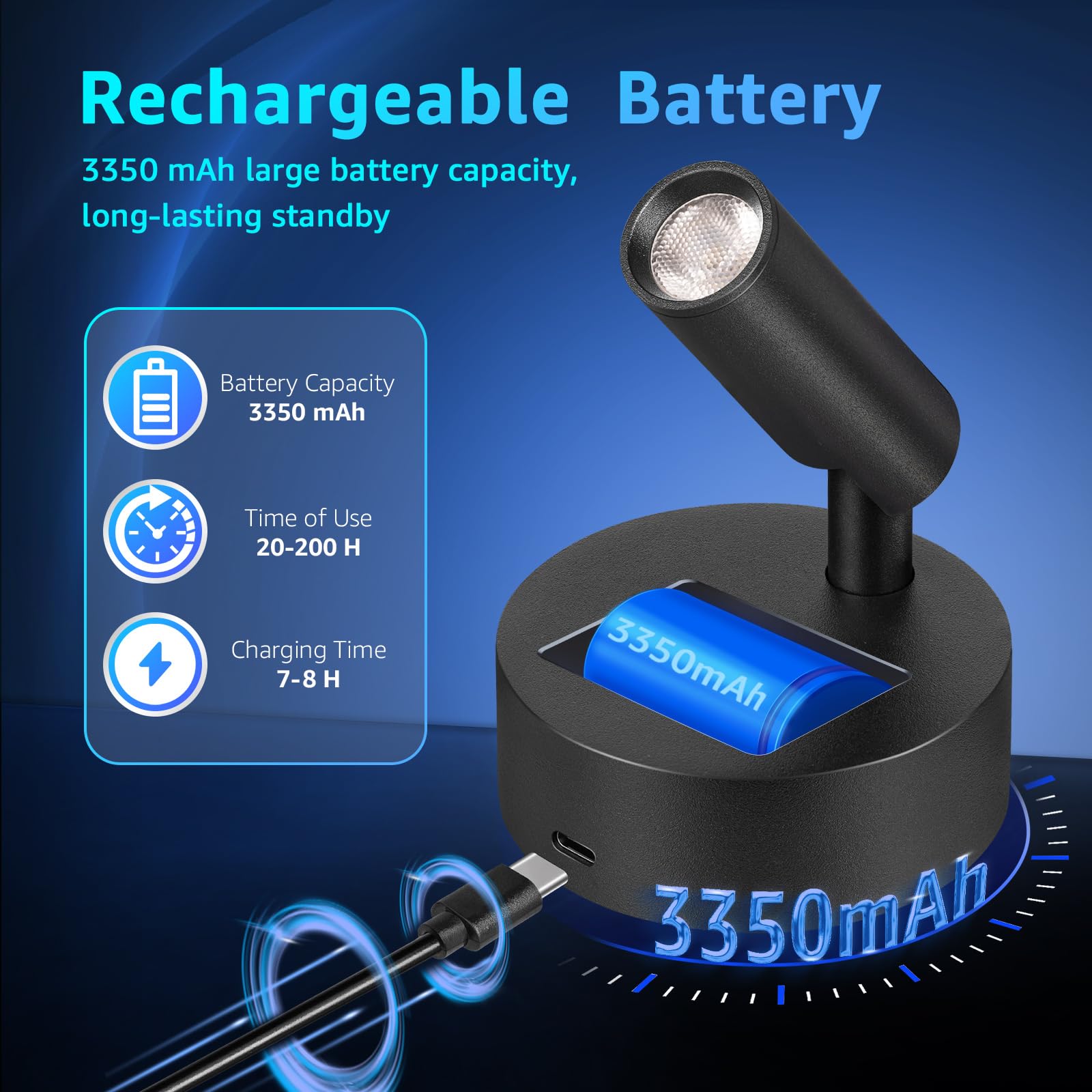 URTOM Wireless LED Spotlight, Rechargeable 3350mAh, Remote Control, Dimmable 3000K/4000K/5000K, Indoor Uplighting, Black,