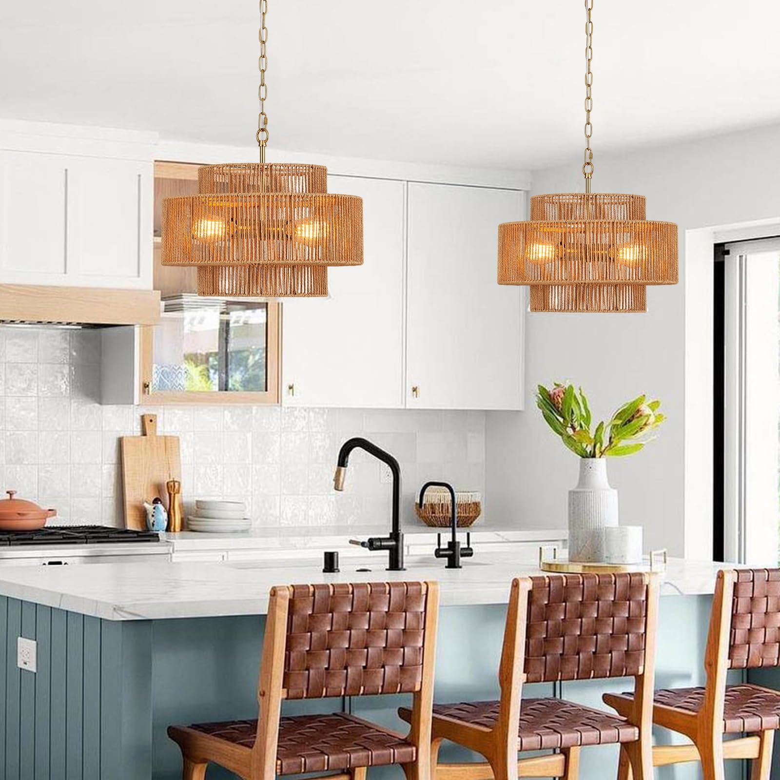 Widluth Hand-Woven Rattan Chandelier Vintage 4-Light 17.7" Farmhouse Boho Bamboo Chandelier Light Fixture Retro 3-Tier Drum Wicker Rattan Golden Chandelier For Dining Room, Kitchen, Living Room