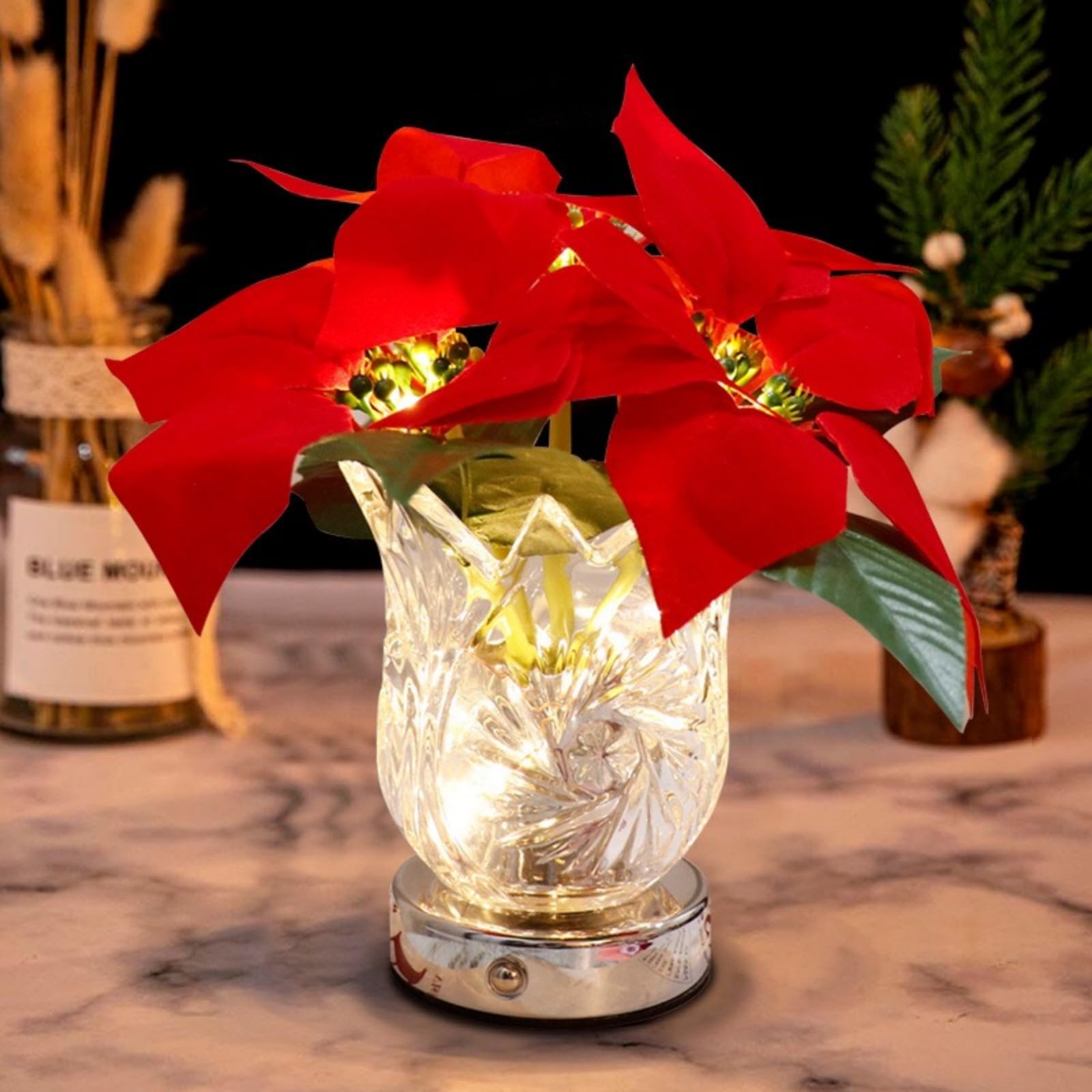 Nikuoan Christmas Poinsettia Table Lamp  Artificial Flower Lamp With Glass Vase Dimmable Cordless Lamp  Night Light Table Lamp For Living Room Bedroom Office Home Decor Gift
