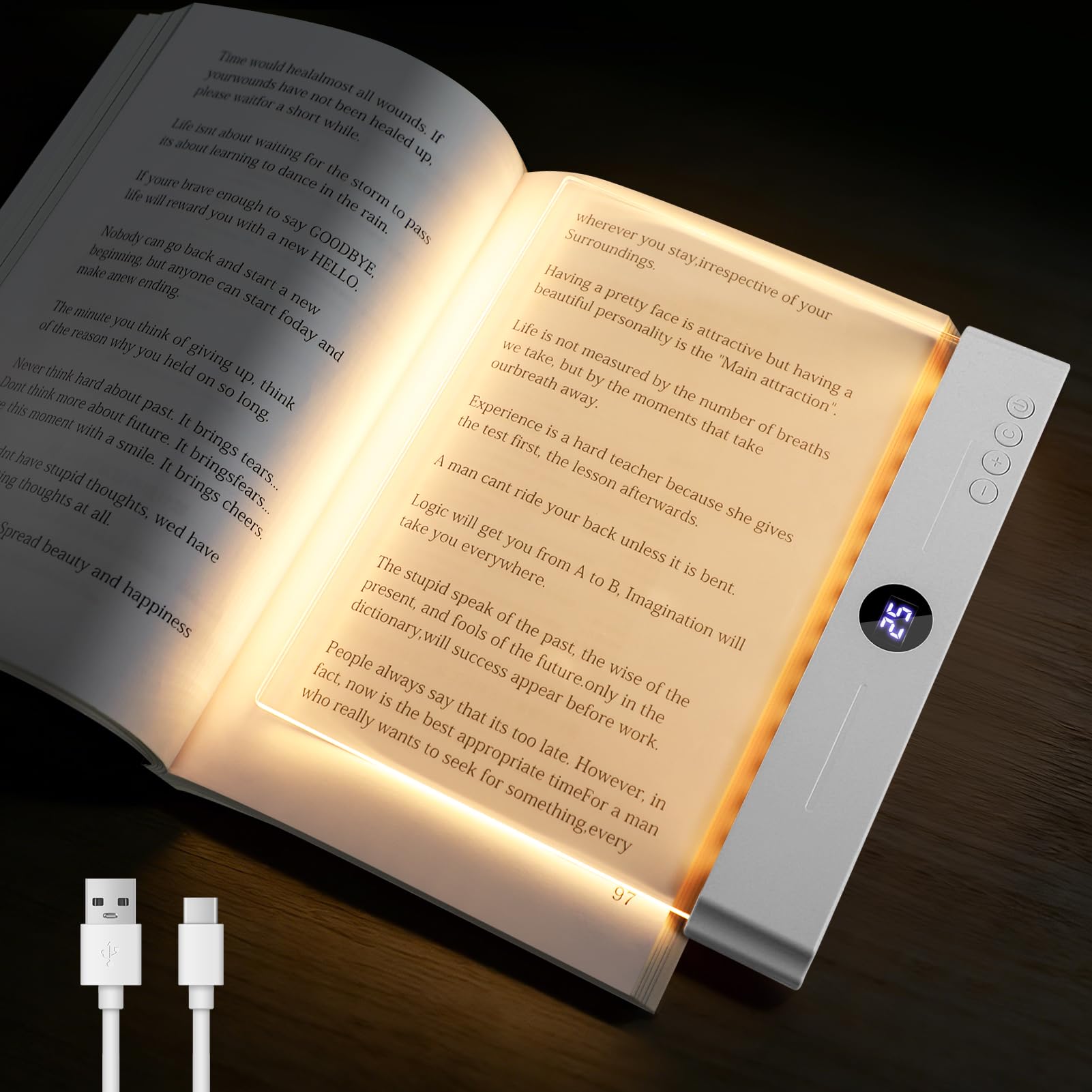 Smart Flat Book Light, Rechargeable Clear LED Reading Light with 3 Colors & Timer, Dimmable Full Page Panel Plate Lamp, Reading 