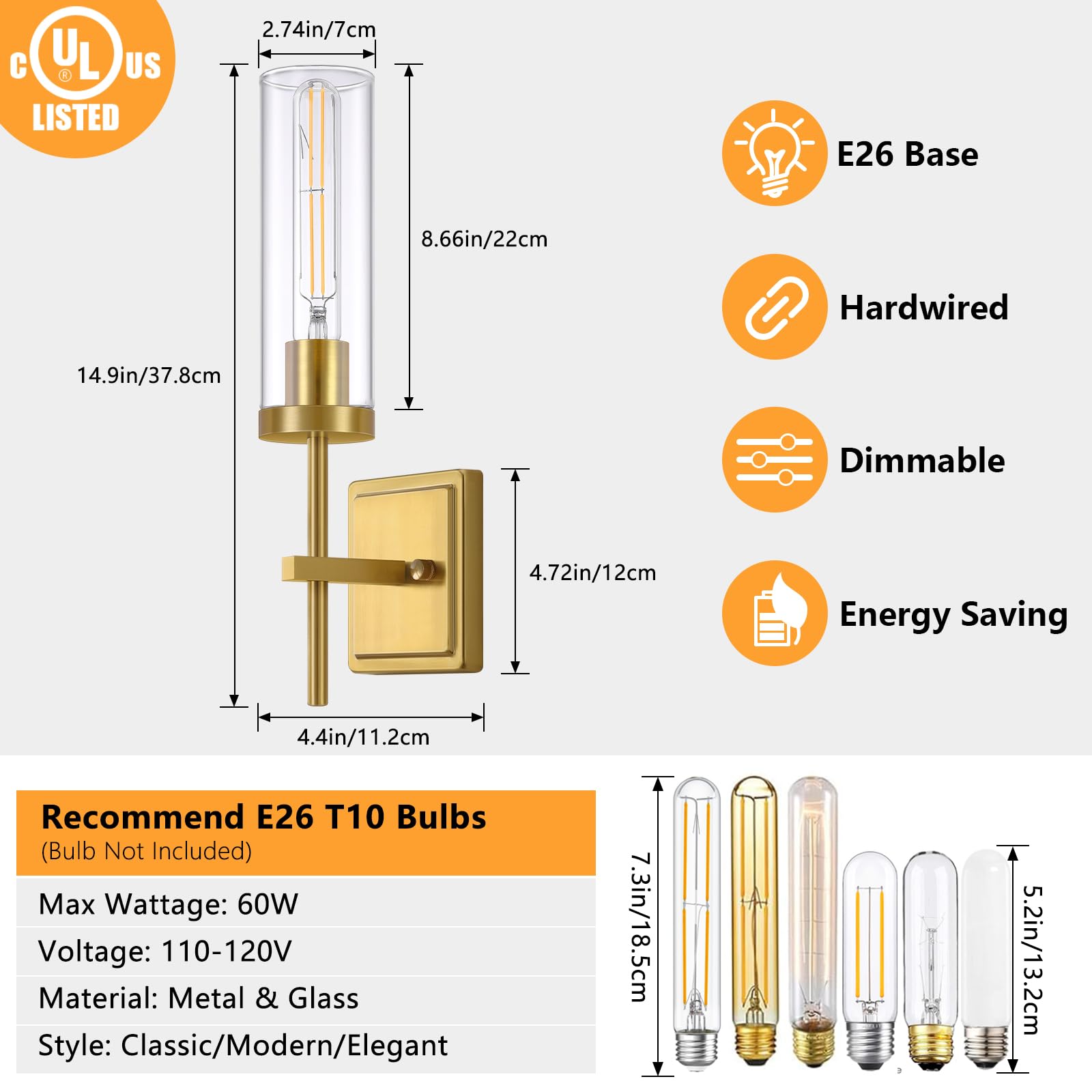 Spiglamm Wall Sconces Lighting Set of 2, Hardwired Bathroom Vanity Fixture, Clear Glass Shade, Gold Finish, Model 2P-DTCGS-Gold