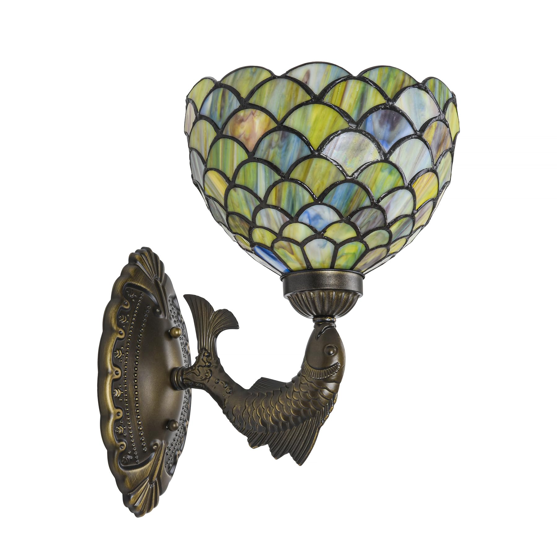 GILGGAK Green Fish Scales Tiffany Wall Sconce 8 Stained Glass Wall Light with E26 Base Vintage Art Deco Wall Lamp for Bedroom Ha