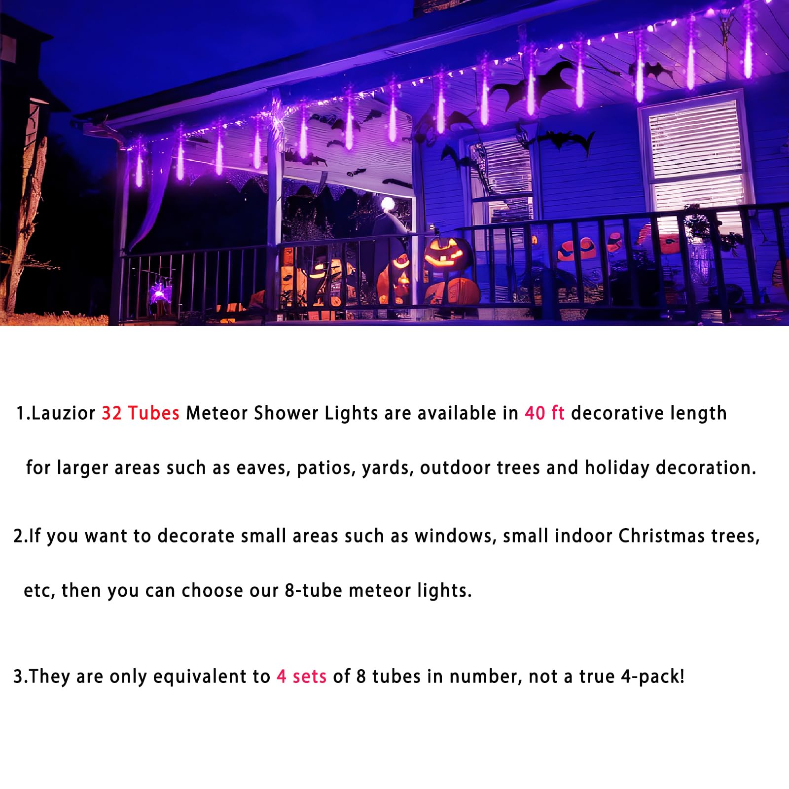 Lauzior Halloween Decoration - 32 Tubes Meteor Shower Lights, Waterproof, 12 Inch, Purple