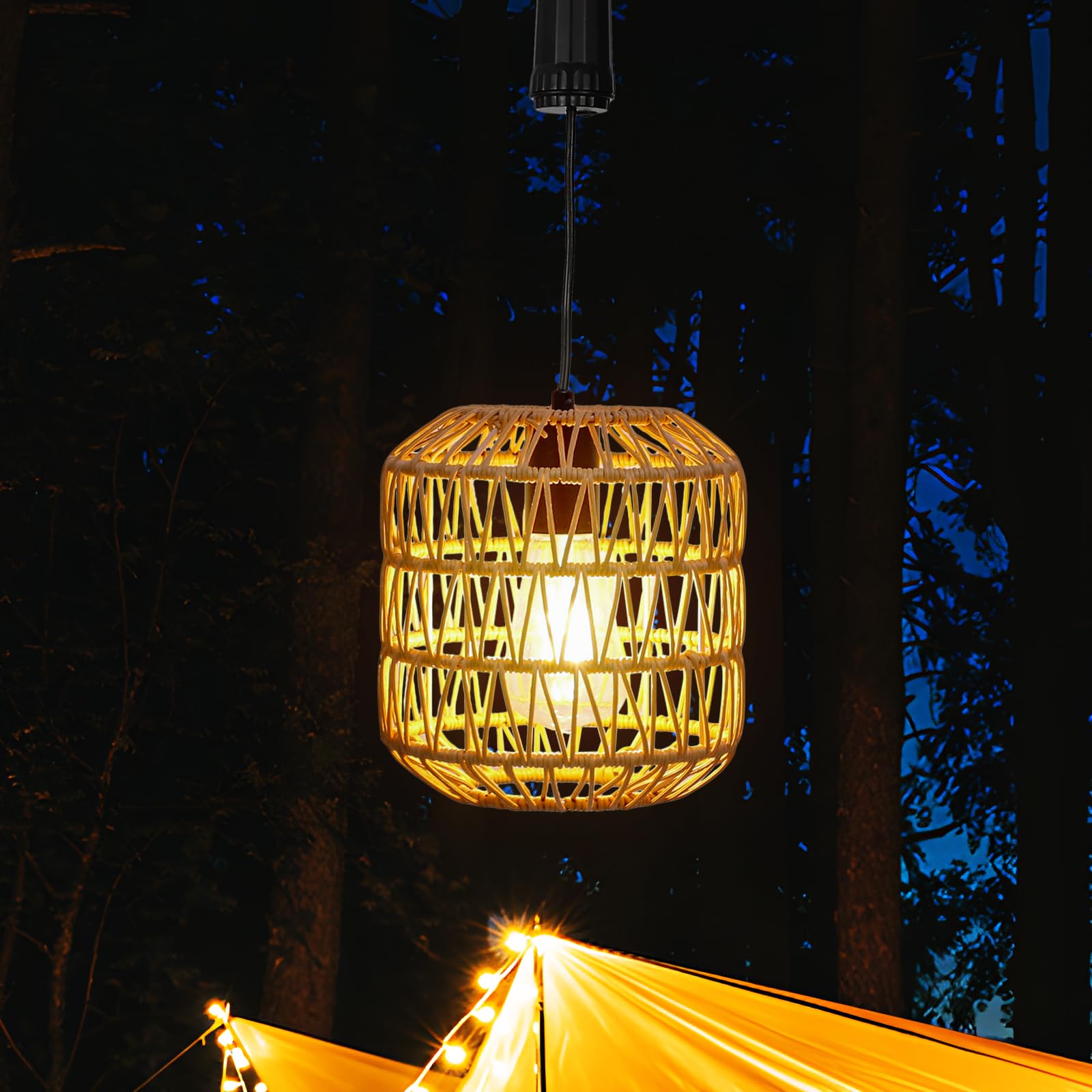 Livinlarge Battery Operated Hanging Pendant Ligh,Battery Outdoor Chandelier,Rattan Light with Warm White Bulb,4*AA Battery Power