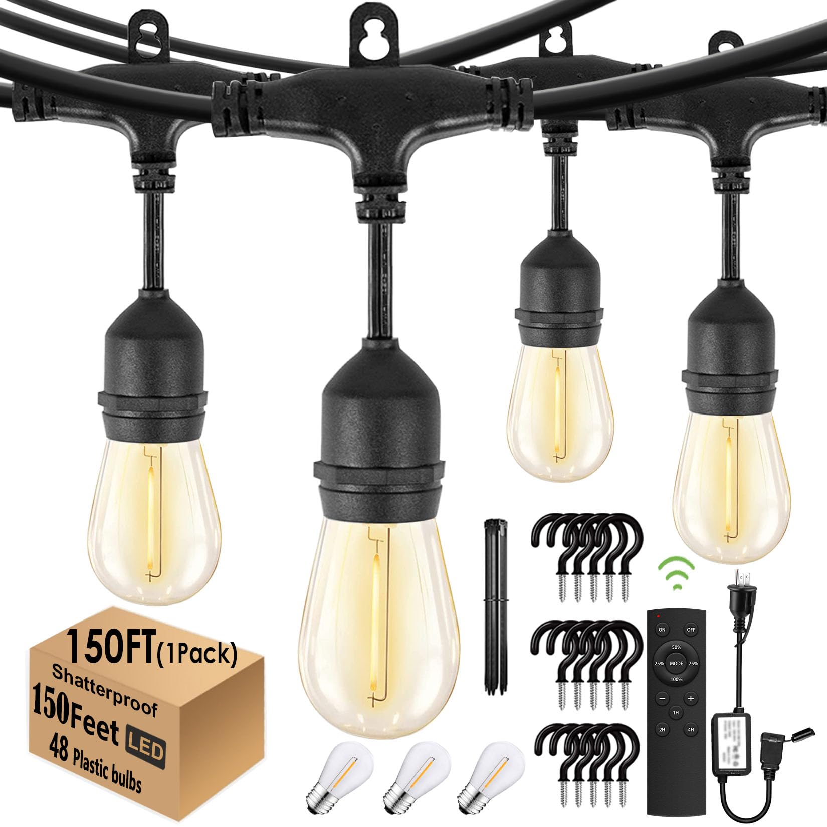 Skeerei 1-Pack 150 ft Outdoor String Lights with Remote Patio Lights Weatherproof, 45+3 Spare S14 Shatterproof Warm 2200K Bulbs,
