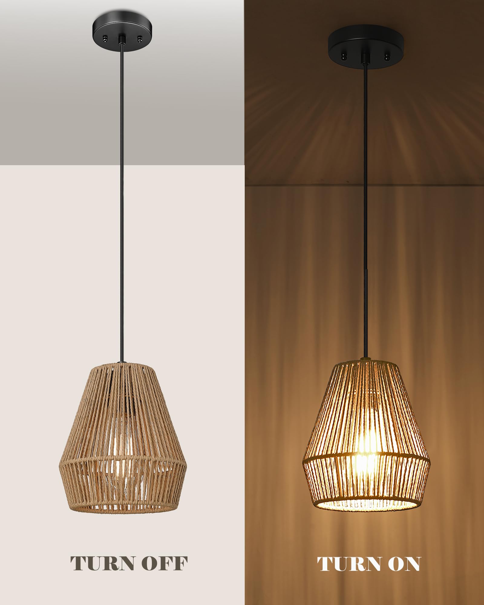 Elyona 3 Pack Woven Pendant Lights, 7” Boho Rattan Hanging Lamps For Kitchen & Dining