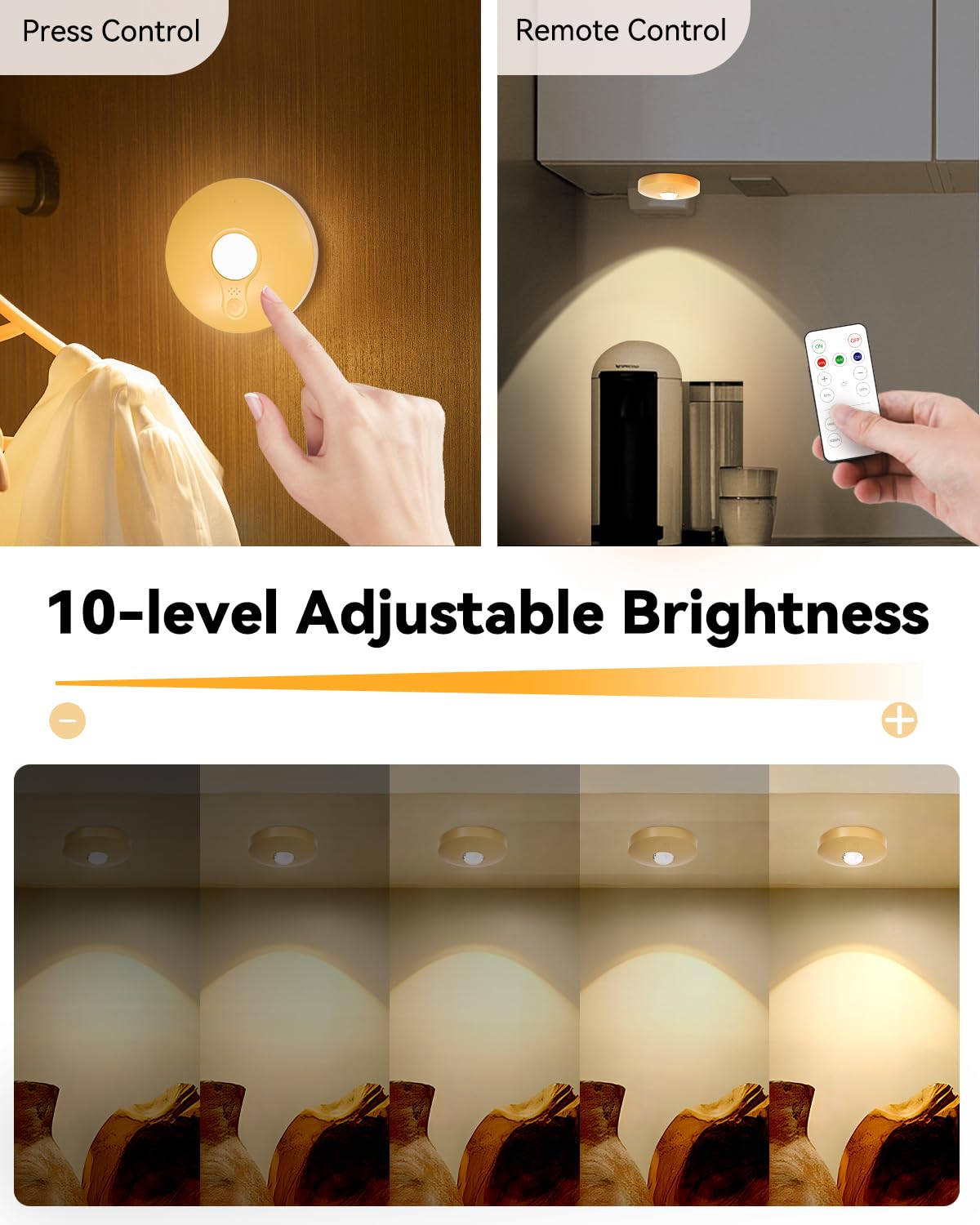 Aokpsrt Rechargeable RGB Puck Lights, Dimmable & Timer, 3 Packs, Gold, Battery Operated, Remote Control, Plastic