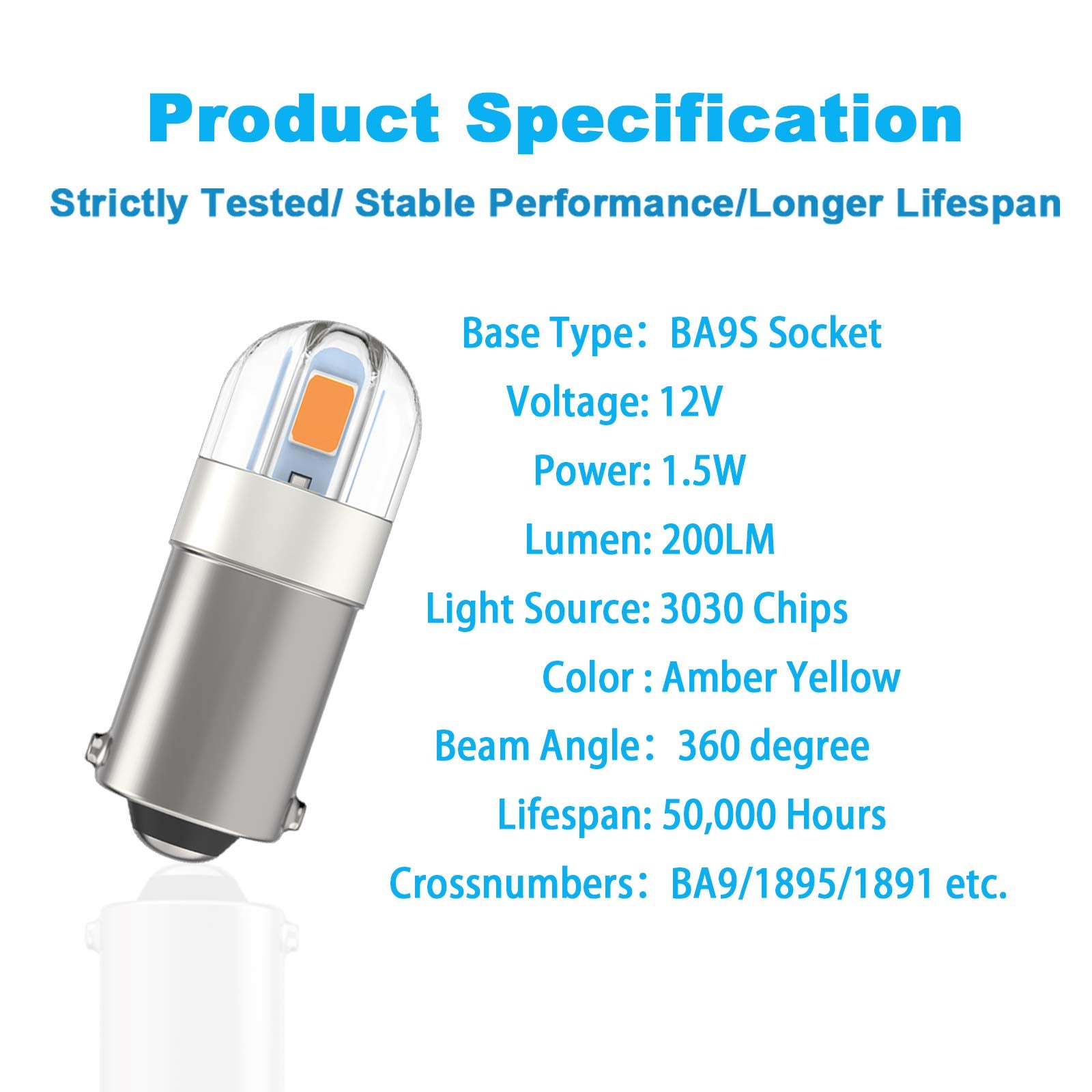 Serundo Auto BA9S LED Bulb 2SMD 3030 Chips Pack of 10pcs Amber Yellow for Car Interior Dome Map License Plate Light