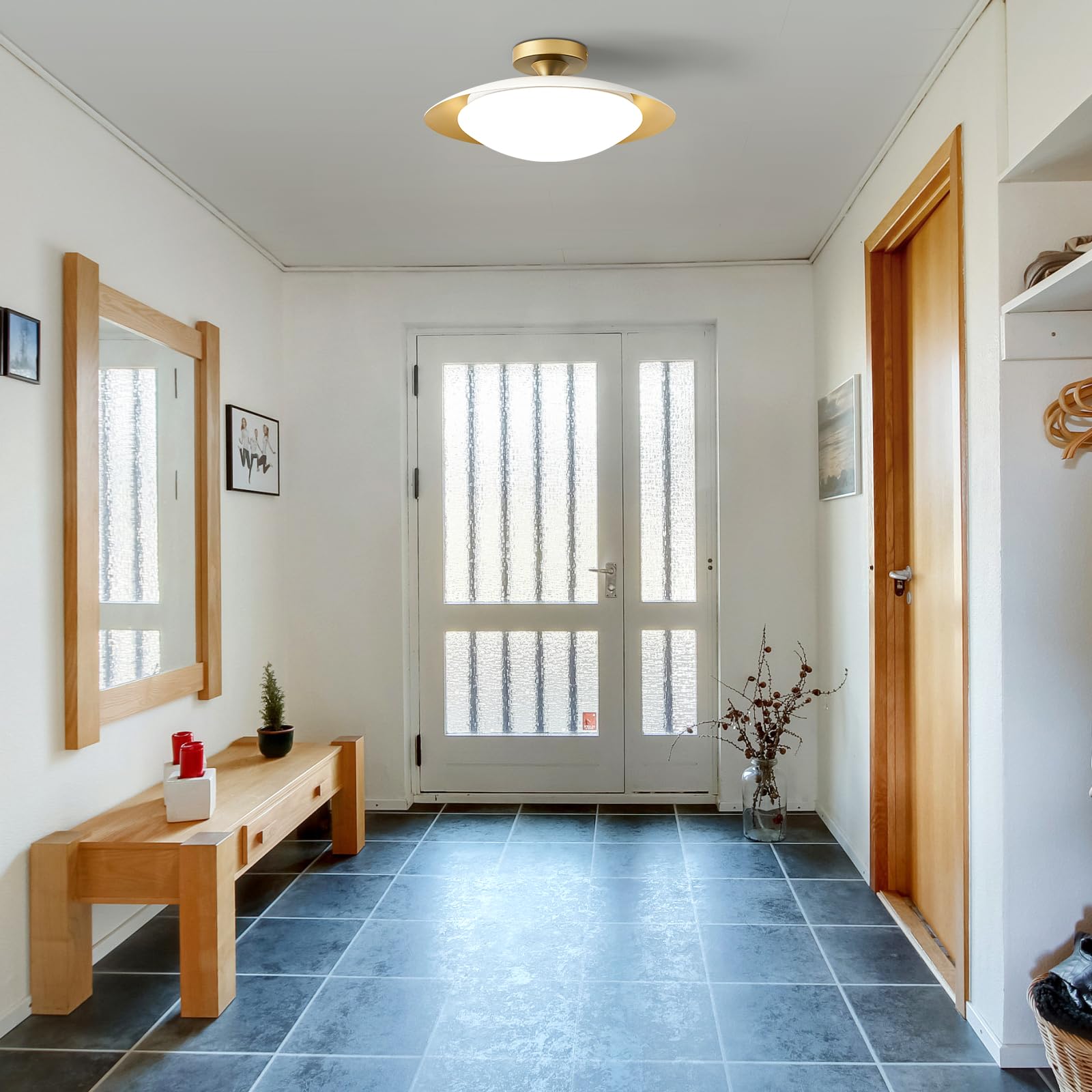 Zuyurt Dimmable Mid Century Modern Ceiling Light 5Cct Led White And Gold Semi Flush Mount Ceiling Lighting  For Kitchen Bedroom Hallway Bathroom 2700K-6000K 15.75 In