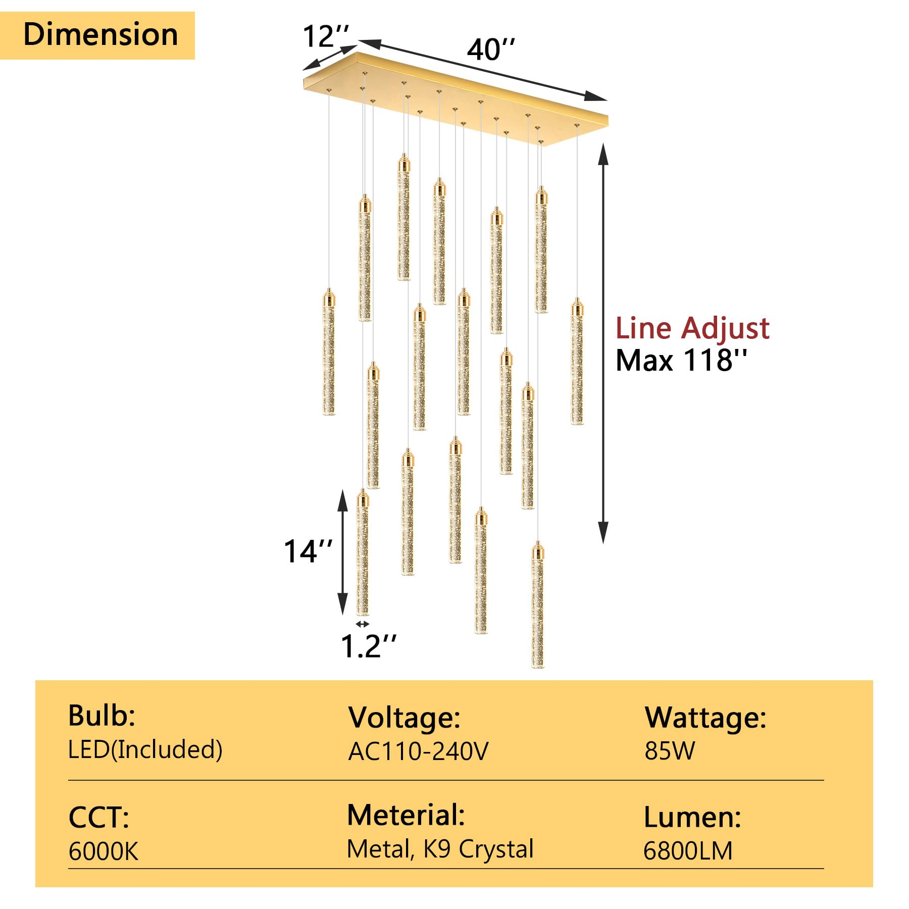 Rectangular Chandeliers 17-Lights Long Light For Entryway Led Dimmable Chandeliers Lighting Fixture Flat Sloped High Ceiling Pendant Lights Crystal For Living Room Foyer Hallway Staircase Gold