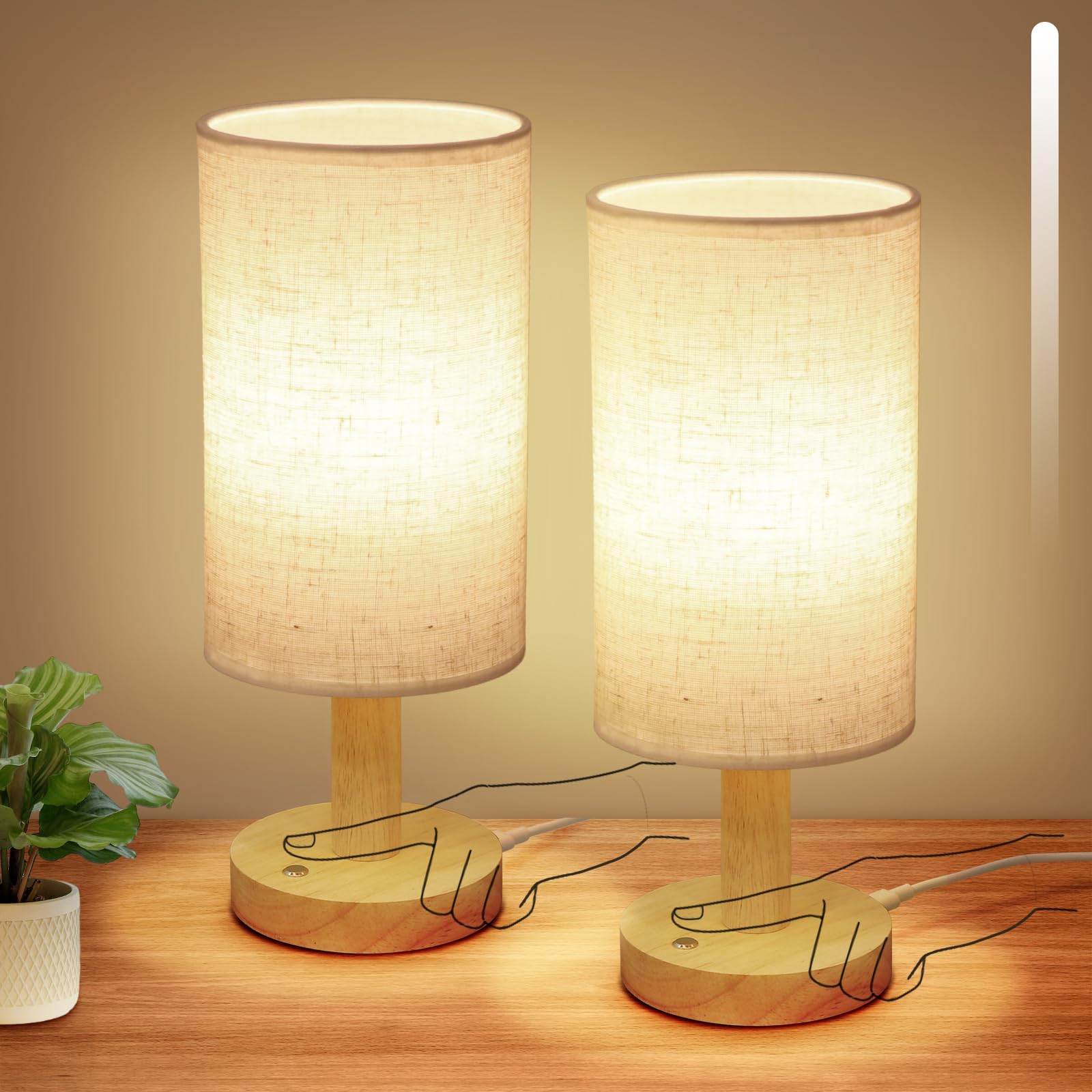 Small Cordless Touch Table Lamps Set Of 2 With Stepless Dimming, Natural Wood Base & Linen Fabric Shade,Wireless Battery-Powered
