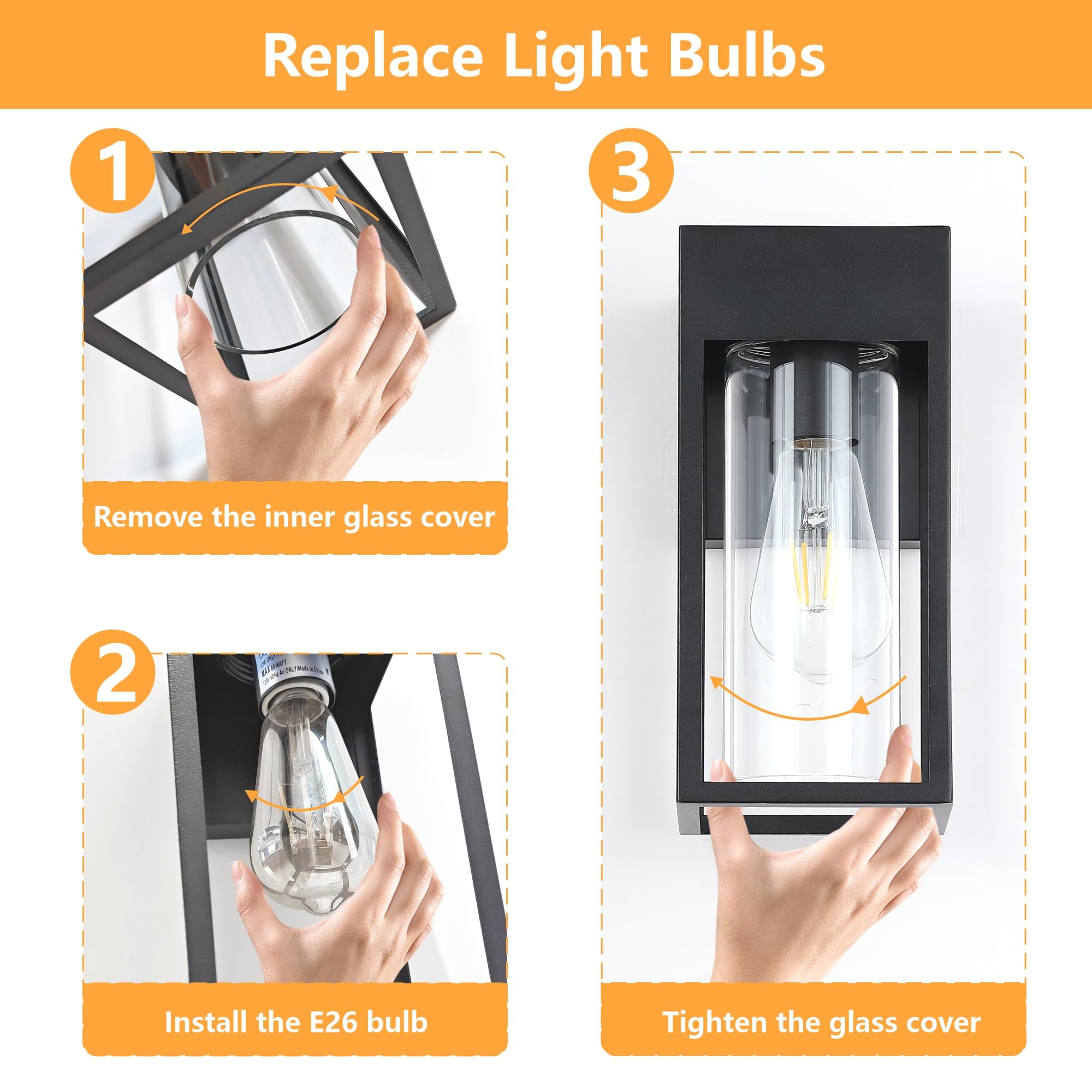 DAKAFUL Outdoor Wall Light Fixture - 2-Pack Modern Sconce with E26 Sockets & Glass Shades, Black for Porch, Patio, Garage Door