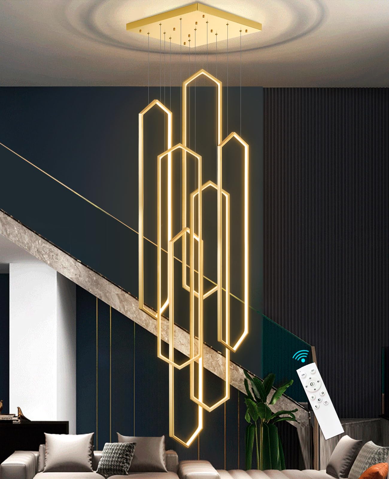 dolria 6-Rings Chandelier, Gold LED Flush Mount Light, 40in x 9.4in x 138in, Dimmable with Remote Control, Modern Design for High Ce