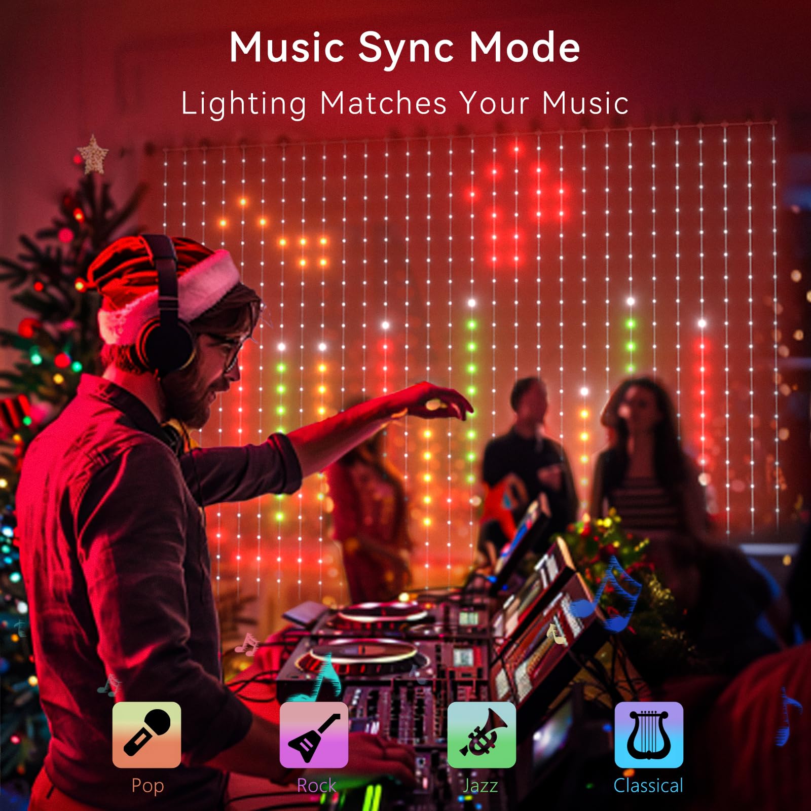 Findpop Smart Curtain Lights, 441 LEDs, Music Sync, 5.5x5.6FT, Waterproof, White, Model CL441