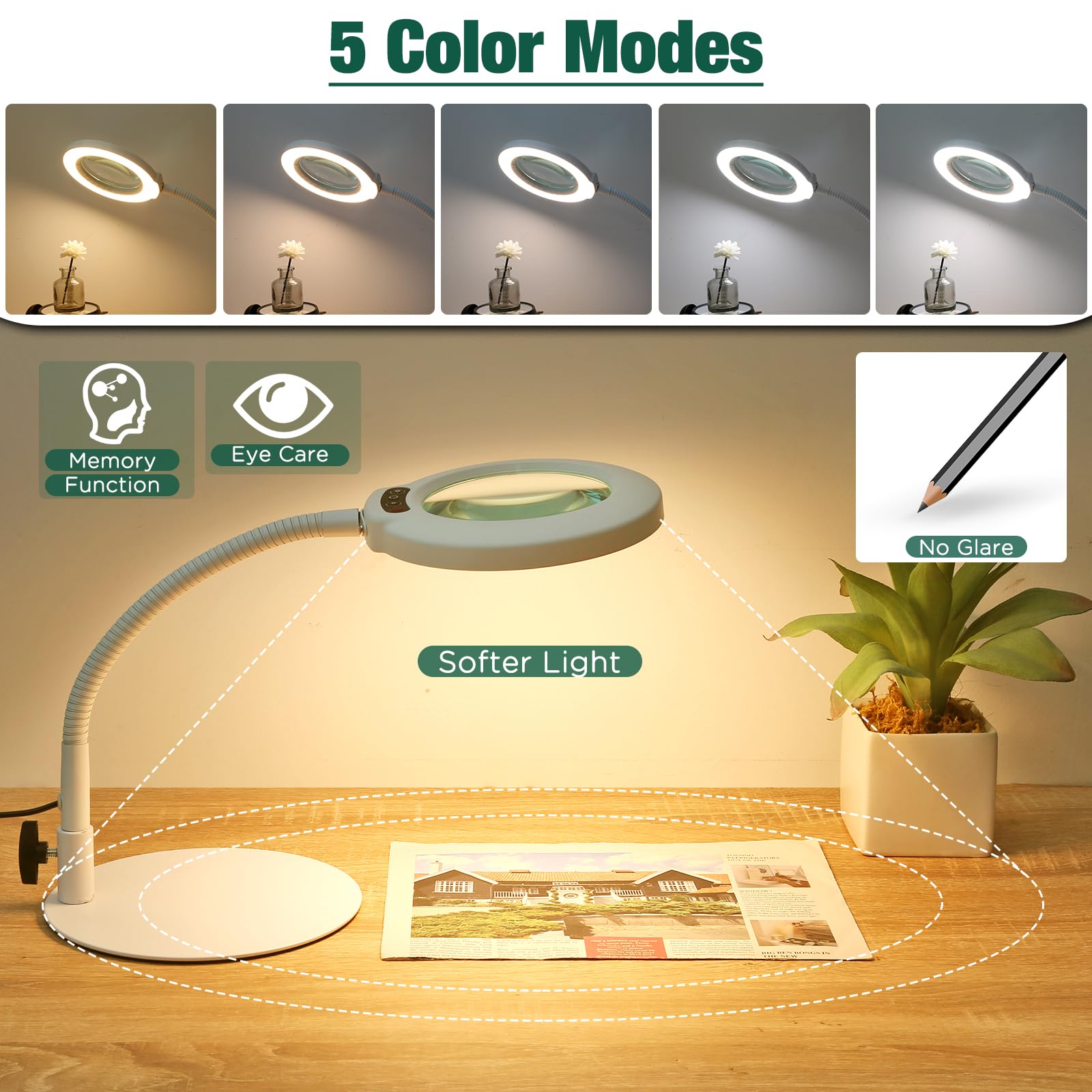 Drdefi 10X Magnifying Glass With Light And Stand, 5 Color Modes Stepless Dimmable Flexible Gooseneck Magnifying Desk Lamp, Led Lighted Magnifier Hands Free For Close Work Craft Reading Painting-White