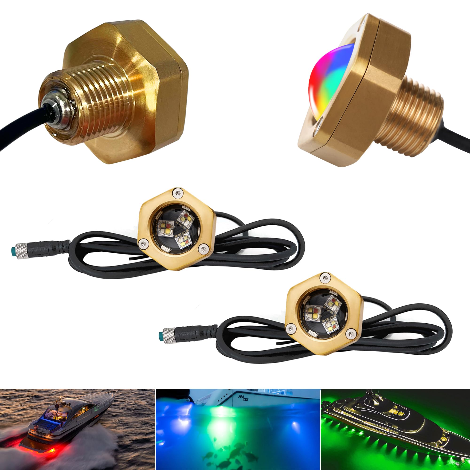 Kingshowstar RGB Underwater Boat Trailer Light, IP68 Waterproof, 2Pcs 1/2in NPT, Bronze Housing, APP RF Remote Control, 4100LM