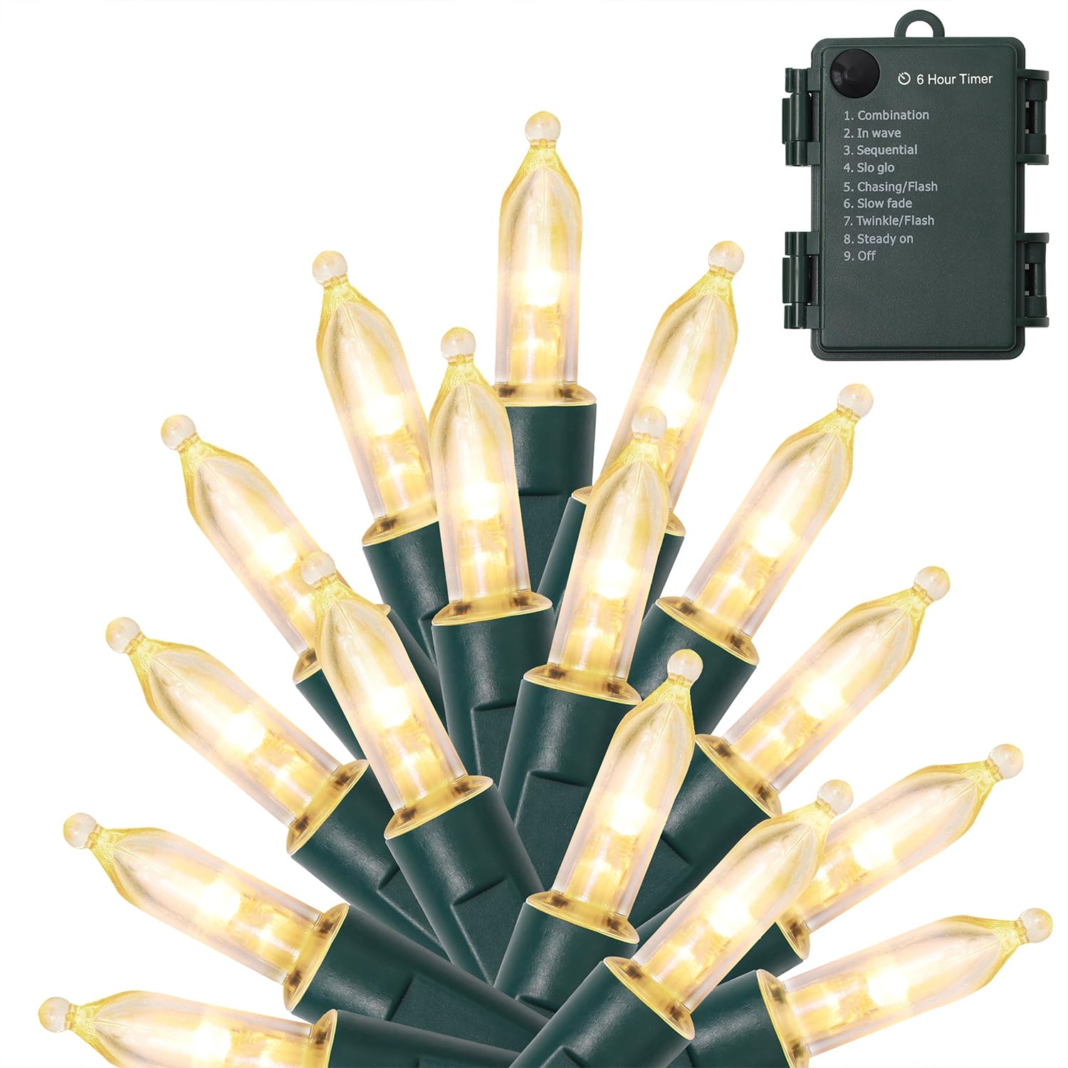 WATERGLIDE 50 LED Outdoor Christmas Lights, 16 FT Battery Operated, 8 Modes, Waterproof, Warm White