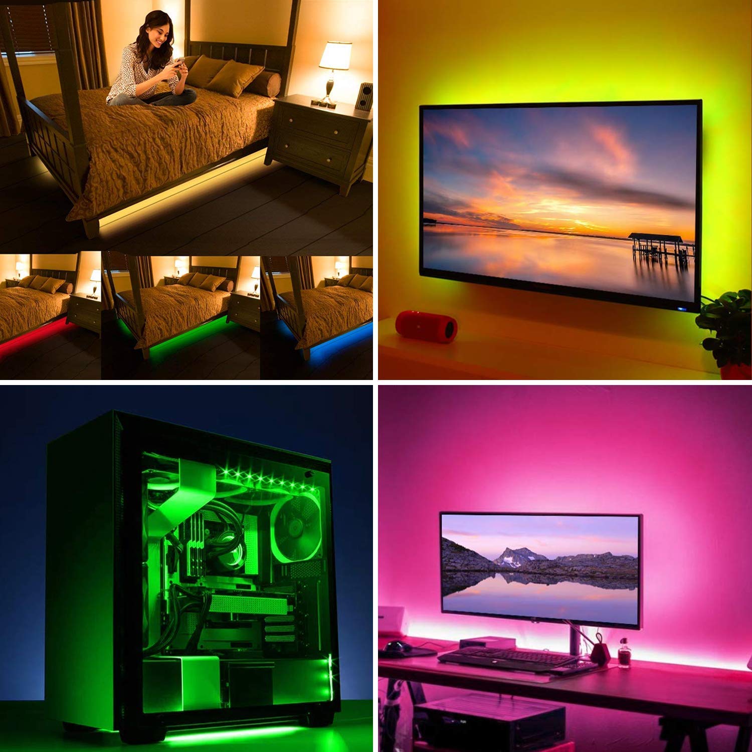 HOUHUI USB LED Strip Lights Kit, 4x 1.64ft RGB Color Changing Backlights for TV, PC, Home Theater, Remote Controlled, Plastic
