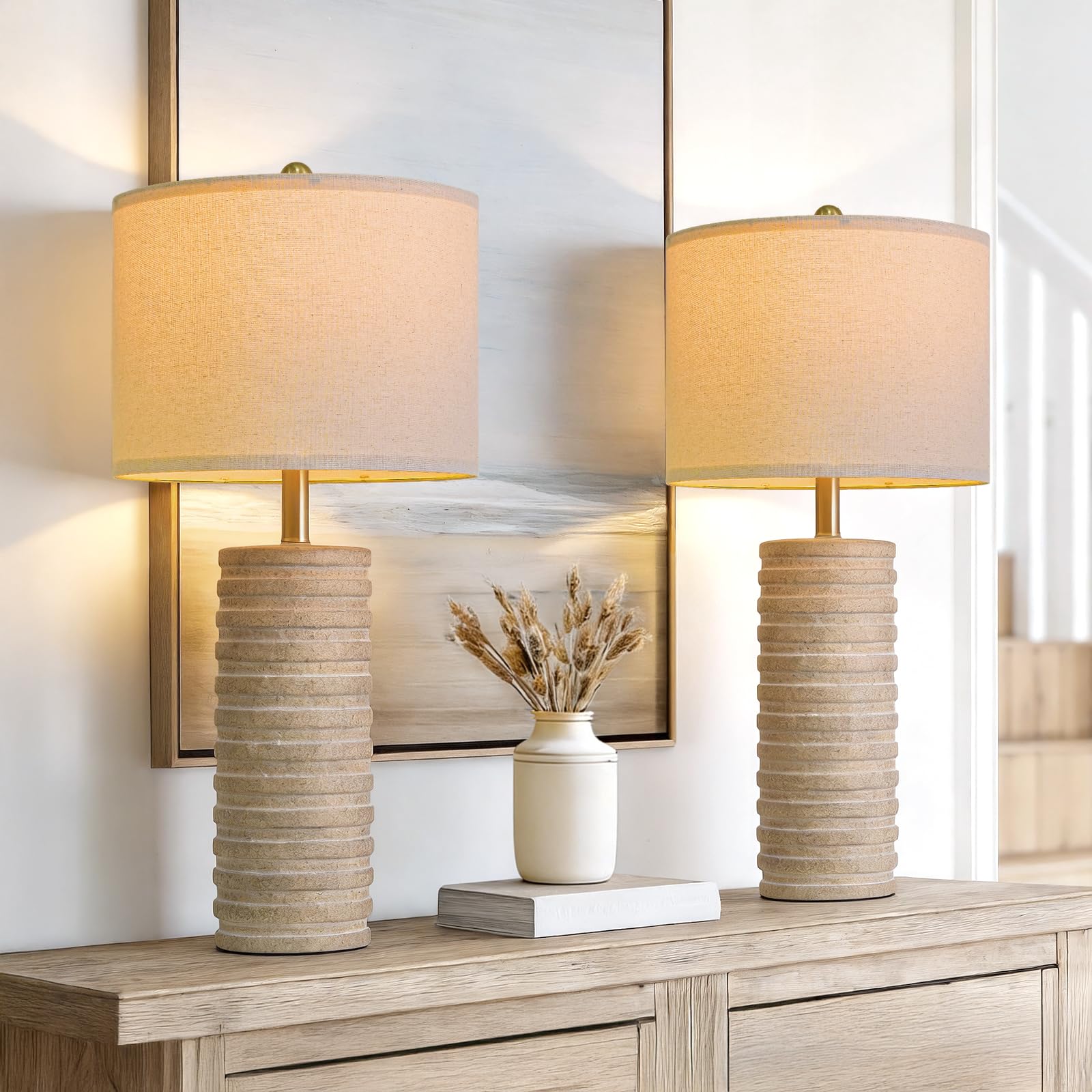PoKat 27 Farmhouse Table Lamps Set of 2 for Living Room  Stone-Like Bedside Lamp for Bedroom  Boho Ceramic Tall Lamps for Nightstand Office Sideboard Entryway Distressed (Antique Beige)