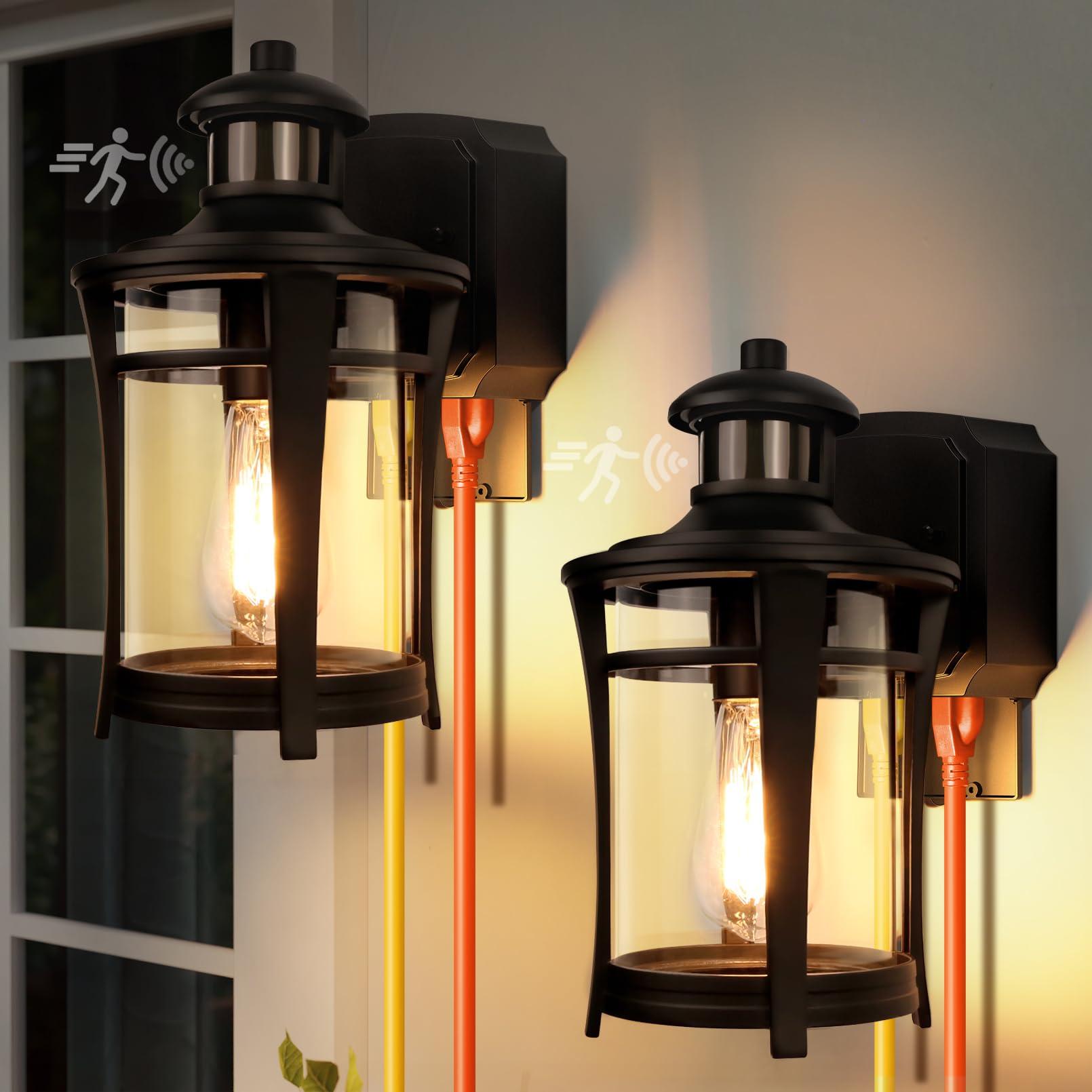 2-Packs Porch Lights with Outlet, Motion Sensor Outdoor Lights, Dusk to Dawn Exterior Light Fixture, Waterproof Anti-Rust Black 