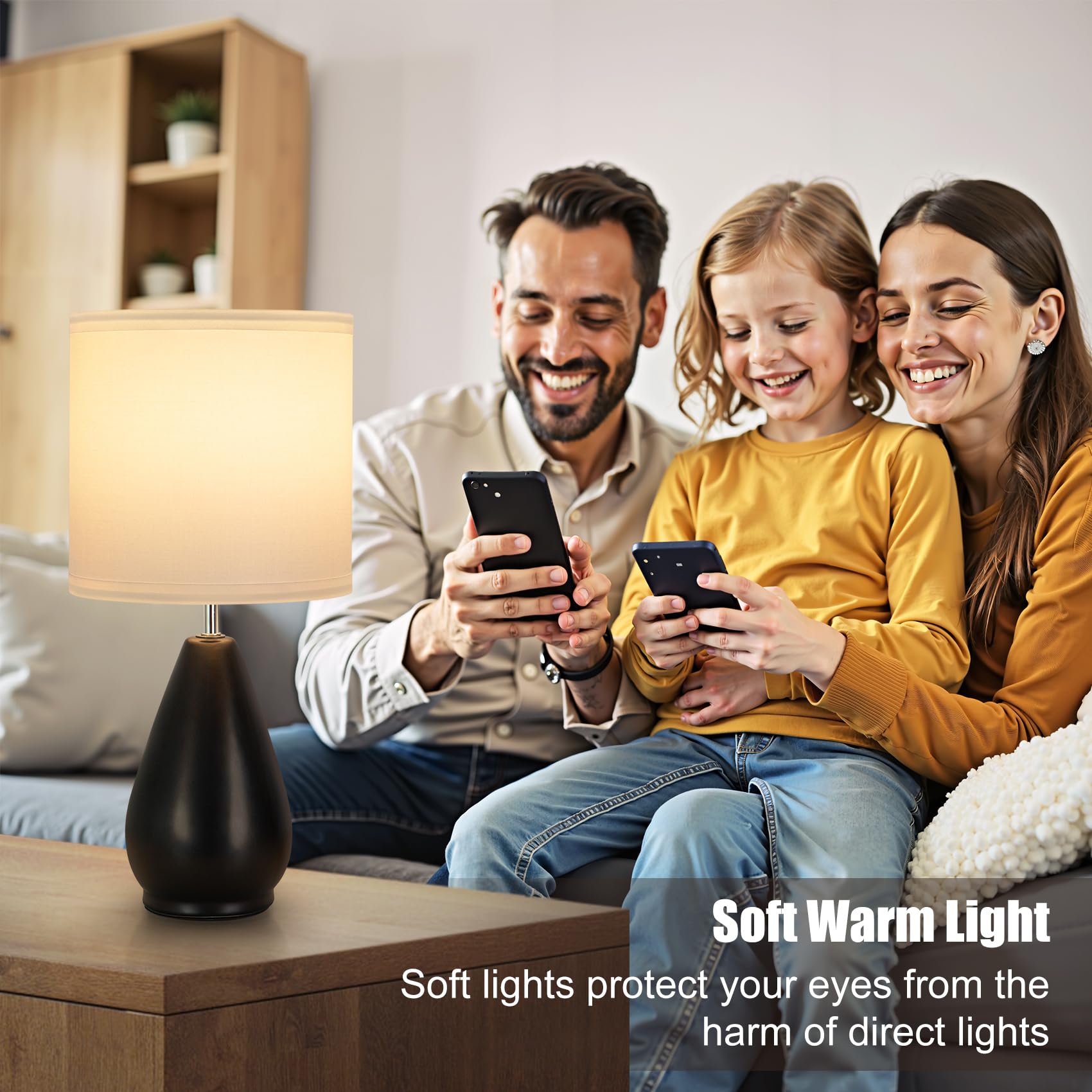 Yacoto Ceramic Table Lamps Set Of 2, Small Black Bedside Lamps For Bedroom Modern Nightstand With 3 Color Temperatures For Livin